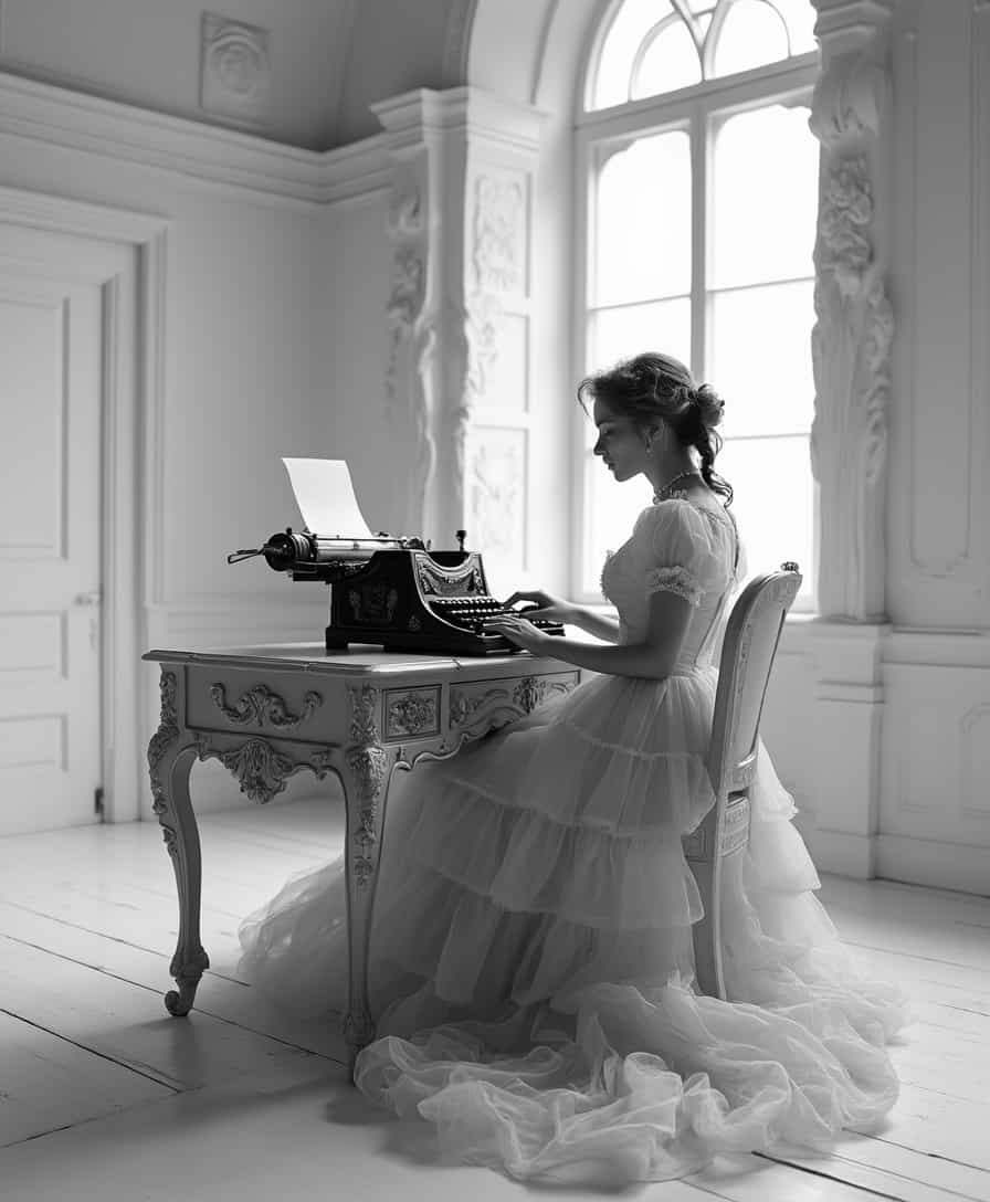 imagine  a black and white image of a fantasy style victorian woman in a stark white surreal room, she sits at an old fashion typewriter.