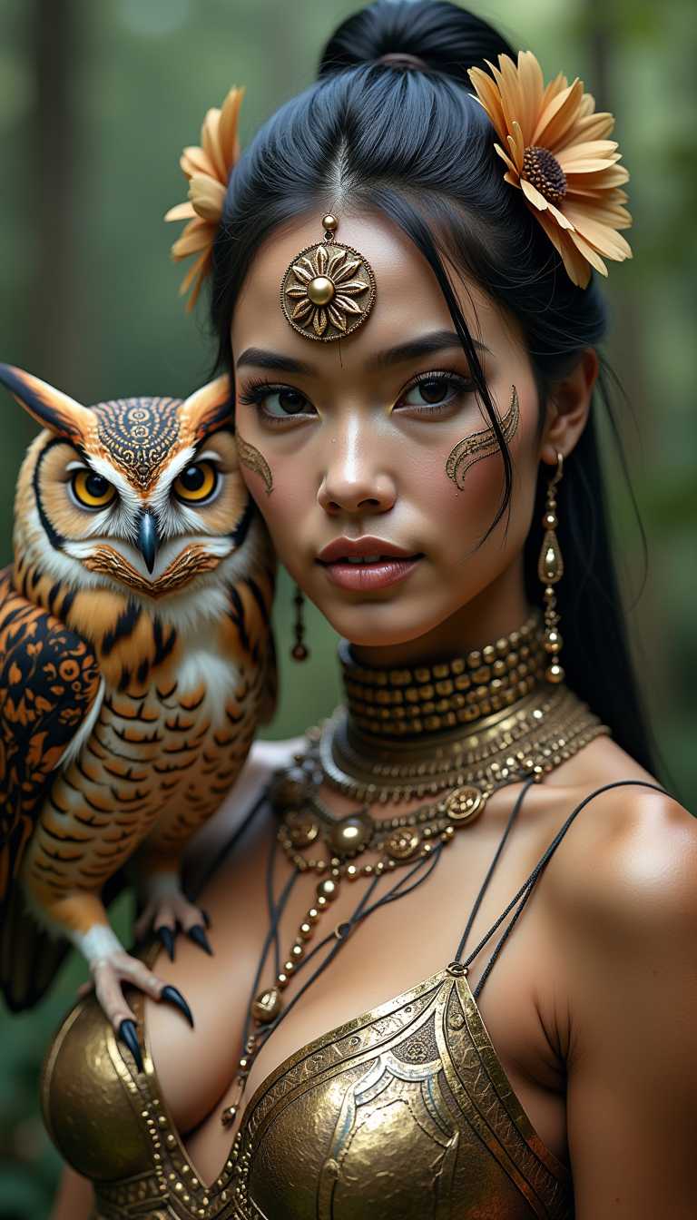 A beautiful woman with little metal clothes. On his shoulder rests a beautiful and imposing owl. The woman's face is decorated with mandala-style ornaments. The image takes place in a wild and magical environment . 8K Resolution