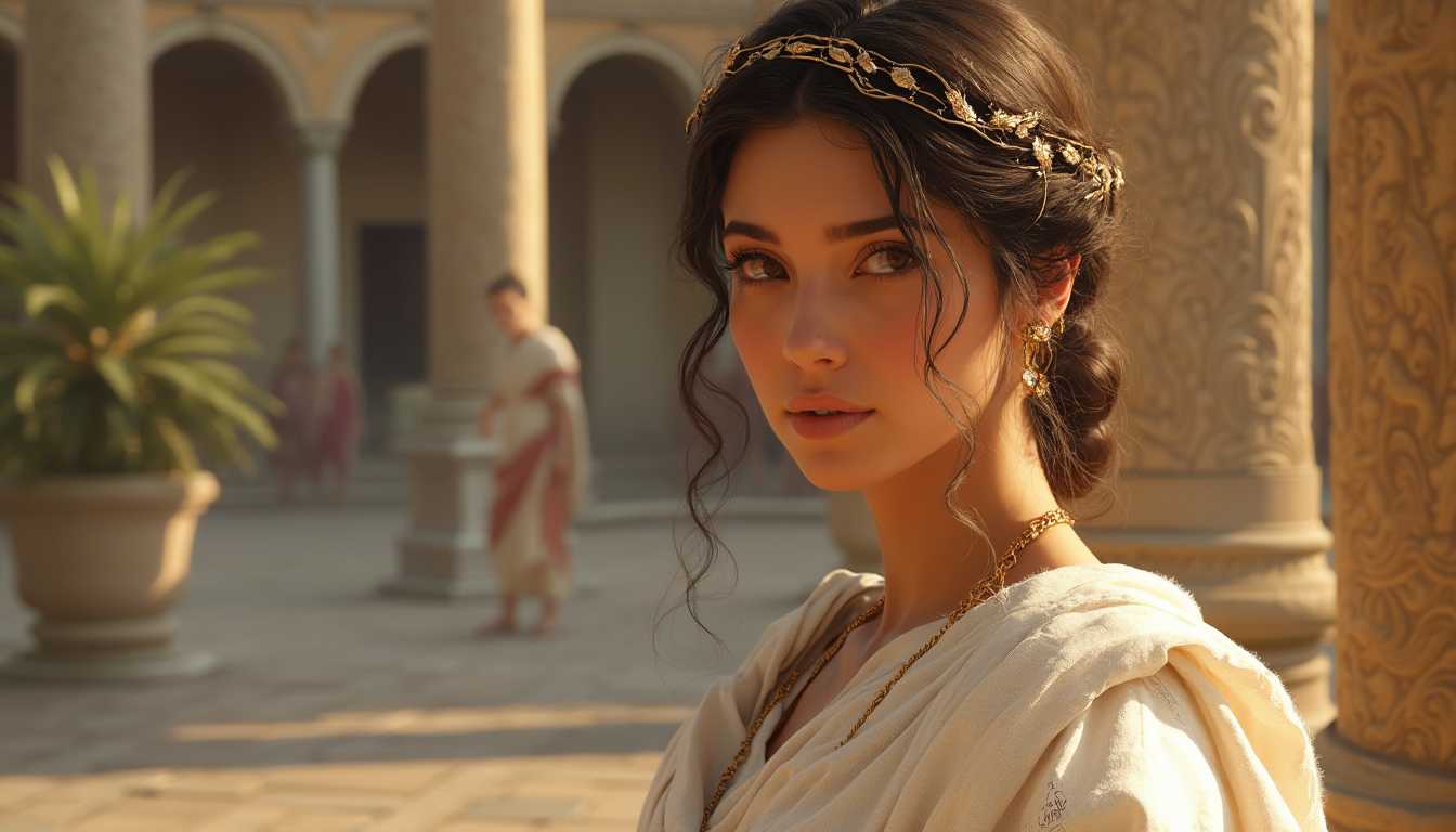 **Subject**: A stunningly beautiful Roman woman with deep, expressive brown eyes that reflect wisdom and warmth.

**Visual Details**: Her hair is styled in an elegant, intricate Roman hairstyle, adorned with subtle gold laurel leaves, enhancing her regal appearance. Her skin has a sun-kissed glow, suggesting she's spent time outdoors. She wears a flowing white stola made of fine linen, with delicate embroidery along the edges, and a palla draped artfully over one shoulder, catching the light with its soft, rich folds.

**Style**: The image is rendered in the style of a classical Roman fresco, with a focus on realistic detail and the play of light and shadow reminiscent of the works found in Pompeii. The colors are vibrant yet natural, with a palette that includes earthy tones and the gentle hues of Mediterranean landscapes.

**Composition**: She is positioned in a three-quarter view, her gaze slightly averted towards the horizon, suggesting contemplation or expectation. The camera angle is slightly low, giving her an air of nobility. The background features a soft-focus scene of a Roman garden with columns and statues, framing her silhouette.

**Mood and Atmosphere**: The scene exudes a sense of calm and timeless beauty, with the golden hour lighting casting a serene glow across her face and the surrounding environment. The atmosphere is peaceful, evoking a moment of quiet reflection in the grandeur of Roman culture.

**Technical Aspects**: Utilize a shallow depth of field to focus on her eyes, creating a mesmerizing focal point. Employ chiaroscuro to enhance the dramatic effect of light on her features and the folds of her clothing. Capture the texture of the linen and the gentle sheen of her jewelry with high-resolution detail.

**Cohesion**: All elements combine to create an image that not only portrays the beauty of the woman but also captures the essence of Roman sophistication, blending human warmth with the grandeur of the classical era.