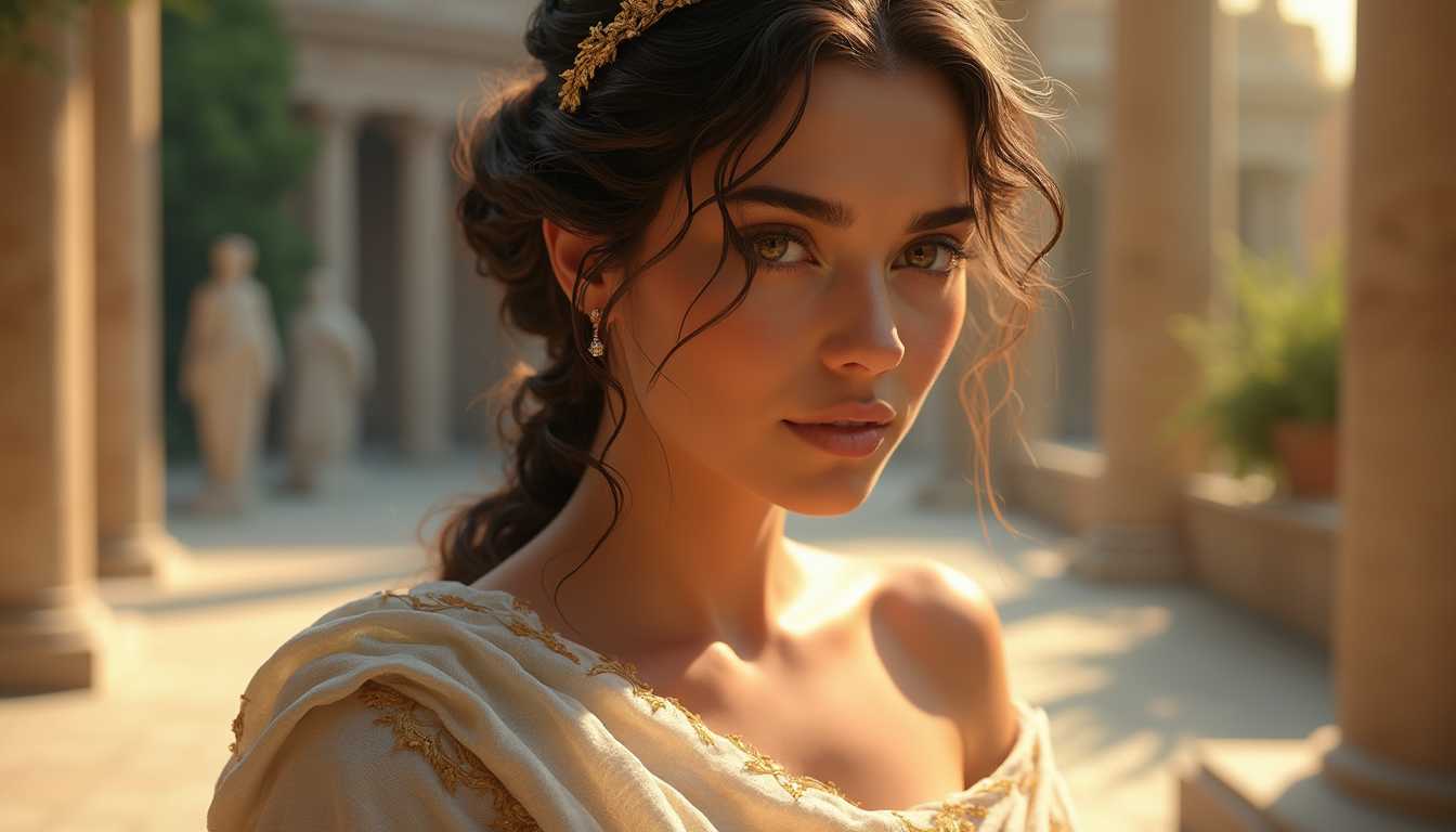 **Subject**: A stunningly beautiful Roman woman with deep, expressive brown eyes that reflect wisdom and warmth.

**Visual Details**: Her hair is styled in an elegant, intricate Roman hairstyle, adorned with subtle gold laurel leaves, enhancing her regal appearance. Her skin has a sun-kissed glow, suggesting she's spent time outdoors. She wears a flowing white stola made of fine linen, with delicate embroidery along the edges, and a palla draped artfully over one shoulder, catching the light with its soft, rich folds.

**Style**: The image is rendered in the style of a classical Roman fresco, with a focus on realistic detail and the play of light and shadow reminiscent of the works found in Pompeii. The colors are vibrant yet natural, with a palette that includes earthy tones and the gentle hues of Mediterranean landscapes.

**Composition**: She is positioned in a three-quarter view, her gaze slightly averted towards the horizon, suggesting contemplation or expectation. The camera angle is slightly low, giving her an air of nobility. The background features a soft-focus scene of a Roman garden with columns and statues, framing her silhouette.

**Mood and Atmosphere**: The scene exudes a sense of calm and timeless beauty, with the golden hour lighting casting a serene glow across her face and the surrounding environment. The atmosphere is peaceful, evoking a moment of quiet reflection in the grandeur of Roman culture.

**Technical Aspects**: Utilize a shallow depth of field to focus on her eyes, creating a mesmerizing focal point. Employ chiaroscuro to enhance the dramatic effect of light on her features and the folds of her clothing. Capture the texture of the linen and the gentle sheen of her jewelry with high-resolution detail.

**Cohesion**: All elements combine to create an image that not only portrays the beauty of the woman but also captures the essence of Roman sophistication, blending human warmth with the grandeur of the classical era.
