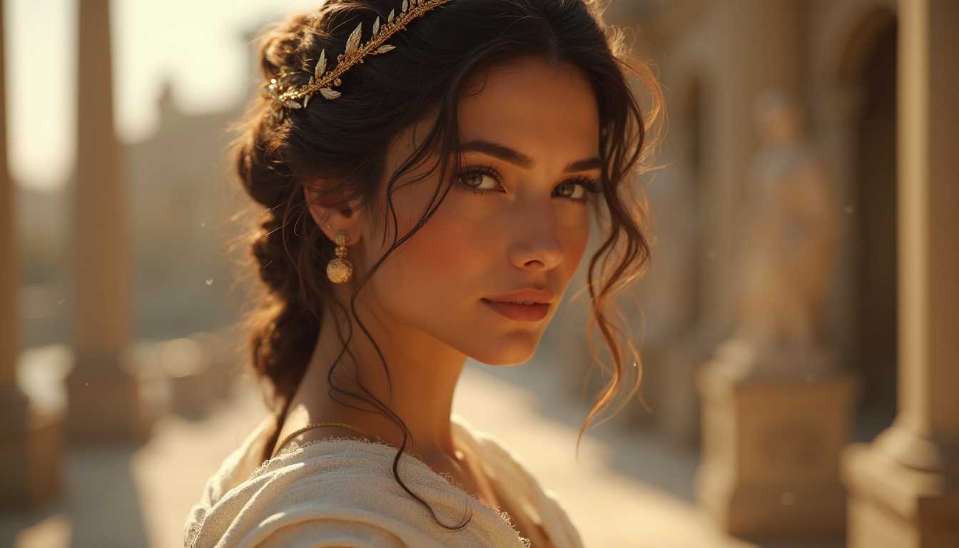 **Subject**: A stunningly beautiful Roman woman with deep, expressive brown eyes that reflect wisdom and warmth.

**Visual Details**: Her hair is styled in an elegant, intricate Roman hairstyle, adorned with subtle gold laurel leaves, enhancing her regal appearance. Her skin has a sun-kissed glow, suggesting she's spent time outdoors. She wears a flowing white stola made of fine linen, with delicate embroidery along the edges, and a palla draped artfully over one shoulder, catching the light with its soft, rich folds.

**Style**: The image is rendered in the style of a classical Roman fresco, with a focus on realistic detail and the play of light and shadow reminiscent of the works found in Pompeii. The colors are vibrant yet natural, with a palette that includes earthy tones and the gentle hues of Mediterranean landscapes.

**Composition**: She is positioned in a three-quarter view, her gaze slightly averted towards the horizon, suggesting contemplation or expectation. The camera angle is slightly low, giving her an air of nobility. The background features a soft-focus scene of a Roman garden with columns and statues, framing her silhouette.

**Mood and Atmosphere**: The scene exudes a sense of calm and timeless beauty, with the golden hour lighting casting a serene glow across her face and the surrounding environment. The atmosphere is peaceful, evoking a moment of quiet reflection in the grandeur of Roman culture.

**Technical Aspects**: Utilize a shallow depth of field to focus on her eyes, creating a mesmerizing focal point. Employ chiaroscuro to enhance the dramatic effect of light on her features and the folds of her clothing. Capture the texture of the linen and the gentle sheen of her jewelry with high-resolution detail.

**Cohesion**: All elements combine to create an image that not only portrays the beauty of the woman but also captures the essence of Roman sophistication, blending human warmth with the grandeur of the classical era.