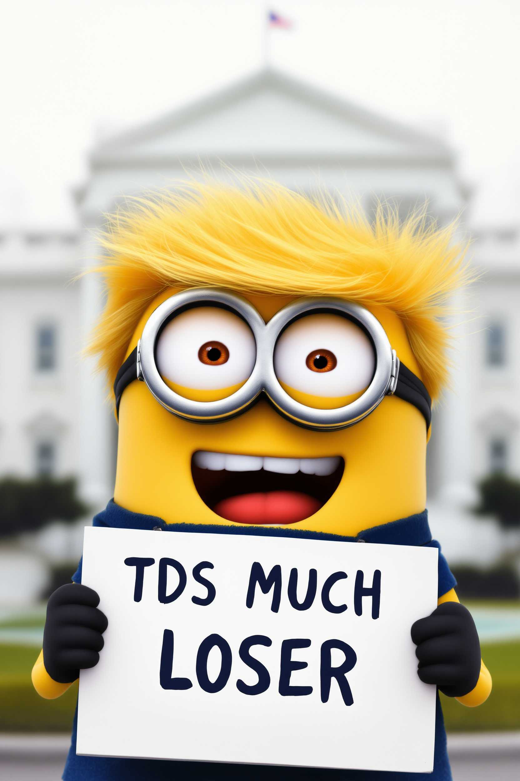 Create a minion with a Donald Trump hair style,  sticking his tiybge out laughing and holding a sign that reads "TDS MUCH LOSER" background US government WhiteHouse 