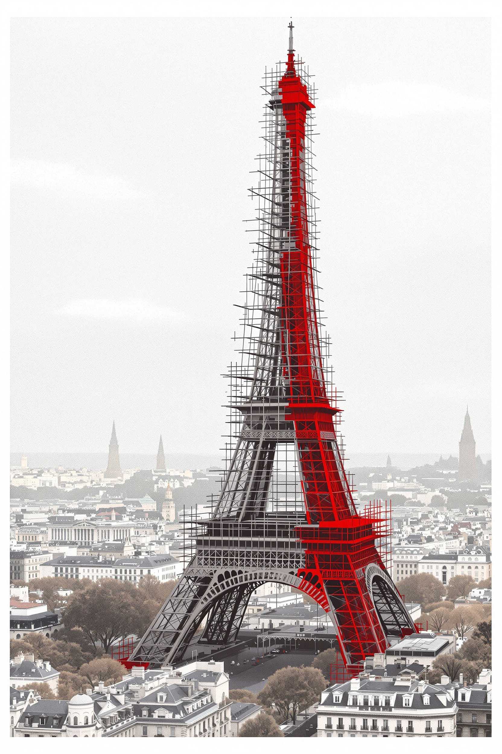 Eiffel tower under construction.
Create an image of the Eiffel Tower in 1887, under construction with its original red color, which it kept until 1906. Show the tower partially built, with scaffolding, and the red paint clearly visible against the Paris skyline.