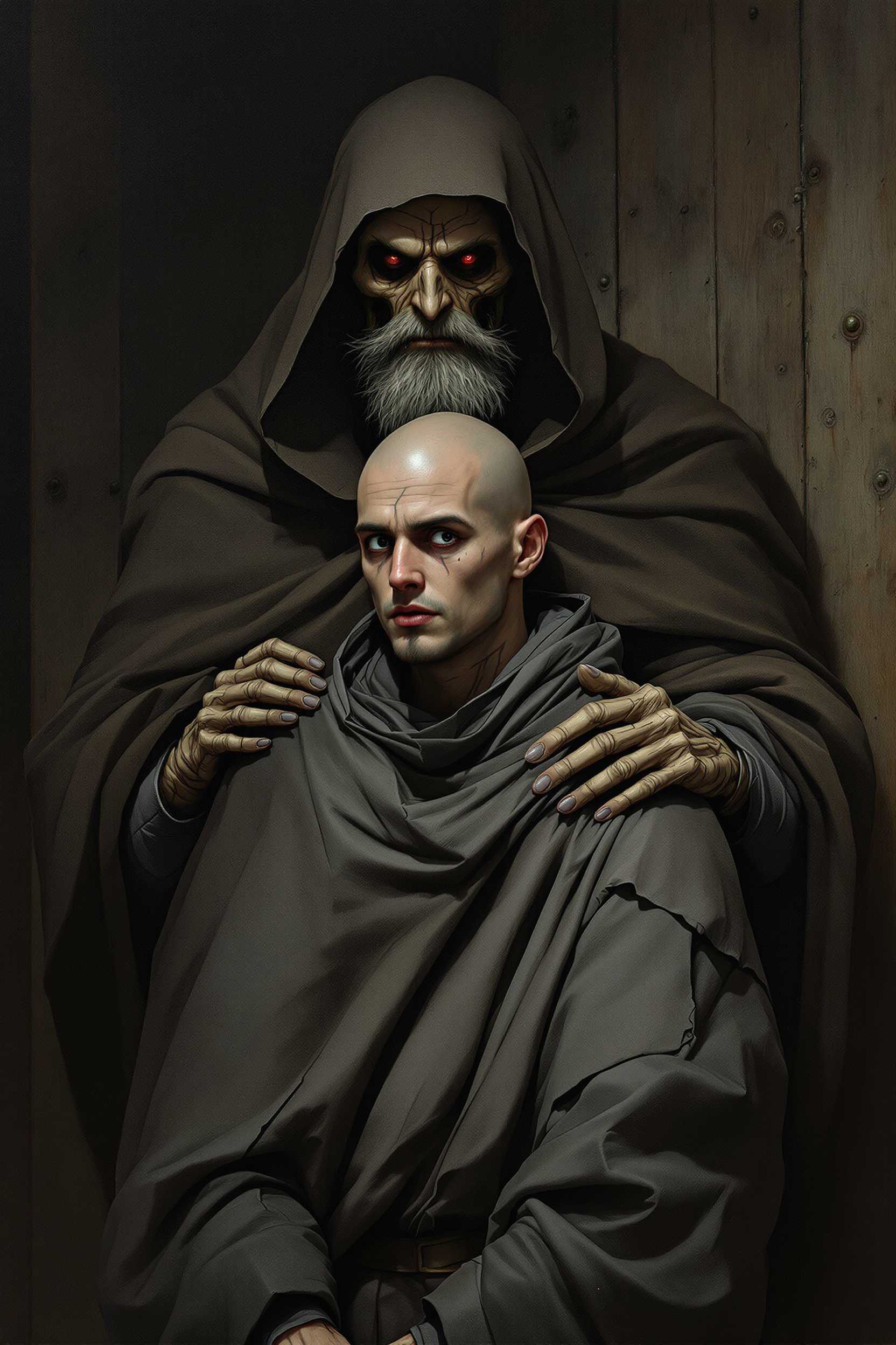 Dark scene of a young bald European monk - about 21 years old, dressed in a large torn, gray tunic with many folds, especially around the neck. He has a small figure, large frightened eyes. Behind him stands a tall, thin, old monk, with a bony tattooed face and beard, wrapped in a hooded robe. His bony hand rests on the boy's shoulder. Passionate gaze with a stern expression on the bony face. Wooden and metal door in the background. Oil painting.Ultra-detaild