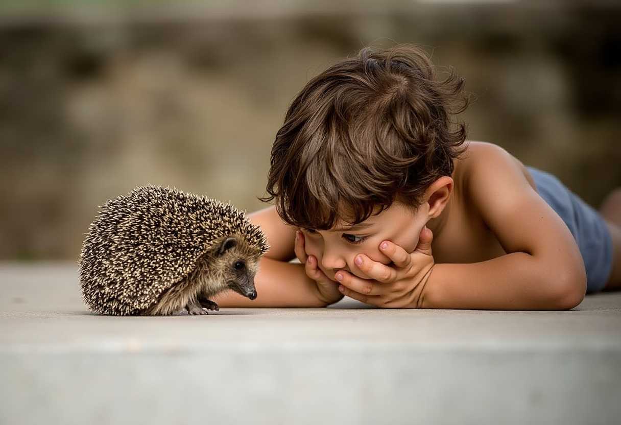 photo on the ground. young boy laying on ground with head on his hand and faces a hedgehog, photorealistic, high resolution, 8k, Canon EOS 1D Mark III, Tele, bokeh