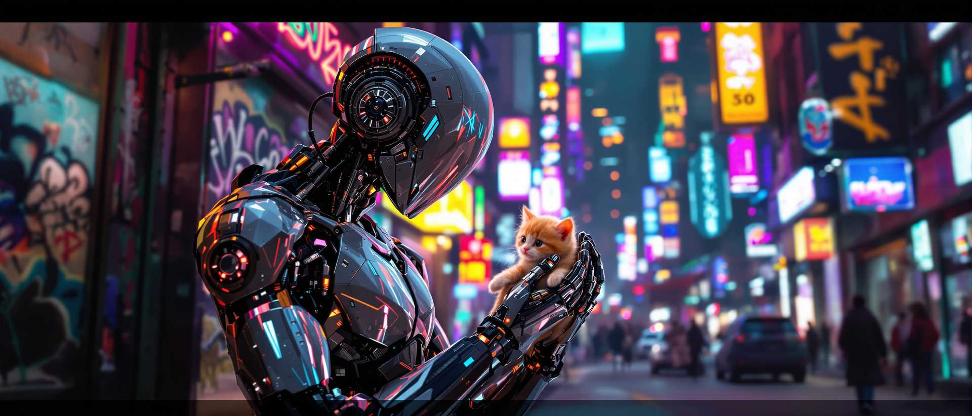 An awe-inspiring futuristic scene of a highly advanced robot adorned with intricate cybernetic details, tenderly picking up a small,lost orange kitten. The robot's metallic body shines under the neon lights of a narrow street, with graffiti-covered buildings and holographic advertisements creating a vivid, dystopian cityscape. The atmosphere is a captivating blend of urban decay and pulsating energy, as the robot's gentle act brings a sense of hope amidst the chaos., graffiti, vibrant