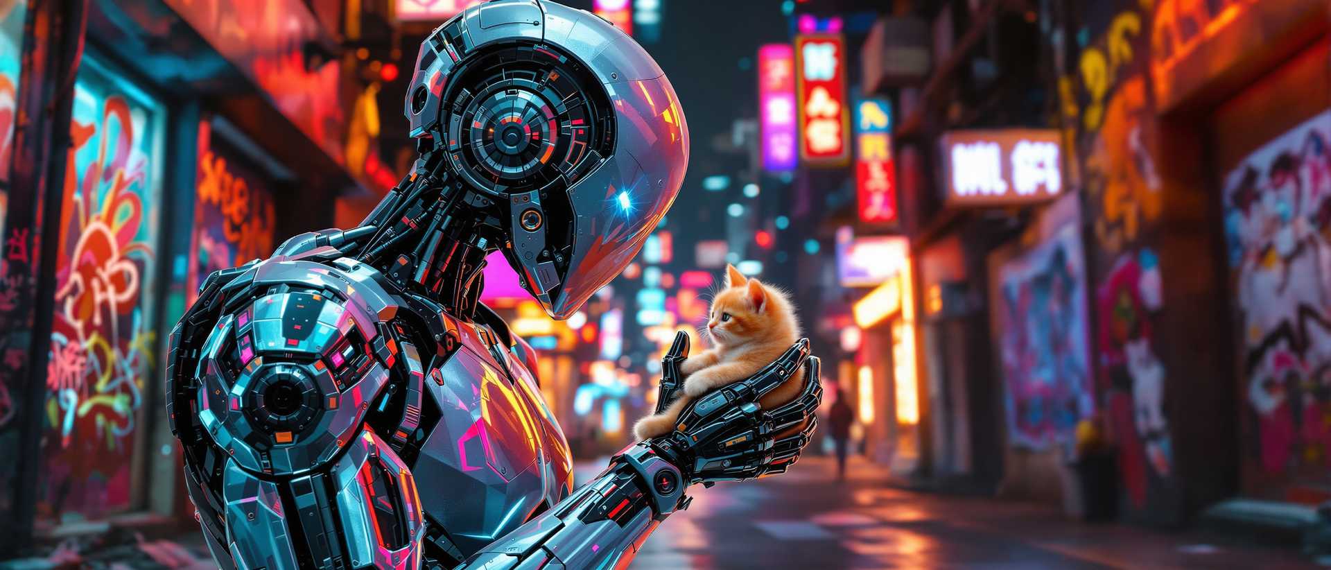 An awe-inspiring futuristic scene of a highly advanced robot adorned with intricate cybernetic details, tenderly picking up a small,lost orange kitten. The robot's metallic body shines under the neon lights of a narrow street, with graffiti-covered buildings and holographic advertisements creating a vivid, dystopian cityscape. The atmosphere is a captivating blend of urban decay and pulsating energy, as the robot's gentle act brings a sense of hope amidst the chaos., graffiti, vibrant