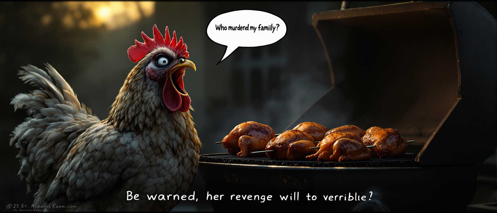 A hyper-realistic and detailed scene of a hen with an expression of shocked sadness, its beak wide open, standing beside a large grill. On the grill, four whole roast chickens are skewered, their golden-brown skin glistening under the light. The lighting is moody and dim, creating a somber atmosphere as the sun begins to set, casting long shadows. The hen's feathers are finely 
detailed and ruffled, reflecting its distressed state. Above its head, a speech bubble contains the text: “Who murdered my family?" The background is blurred slightly to keep the focus on the hen and the grill, with a rustic, backyard setting. The artistic style should be photorealistic, with a slight exaggeration for the emotional expression, similar to a well-crafted animation character. The scene composition places the hen in the foreground, the grill slightly behind and to the side, capturing the hen's full reaction. At the bottom of the picture, the text “Be warned, her revenge will be terrible” is a stark warning.