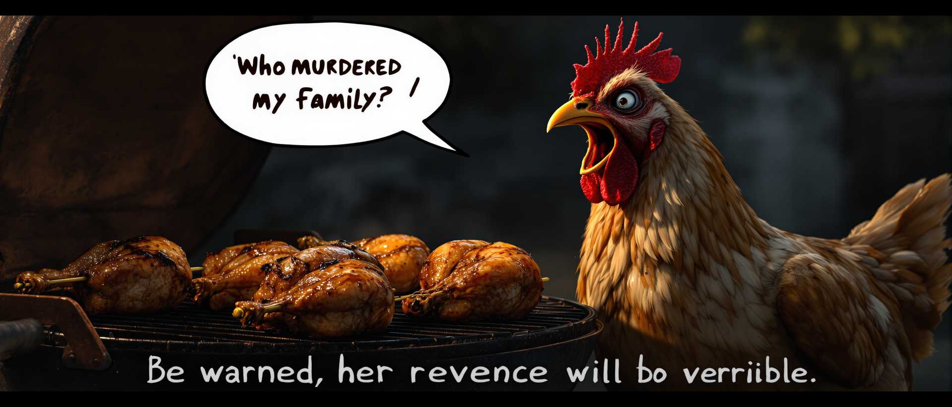 A hyper-realistic and detailed scene of a hen with an expression of shocked sadness, its beak wide open, standing beside a large grill. On the grill, four whole roast chickens are skewered, their golden-brown skin glistening under the light. The lighting is moody and dim, creating a somber atmosphere as the sun begins to set, casting long shadows. The hen's feathers are finely 
detailed and ruffled, reflecting its distressed state. Above its head, a speech bubble contains the text: “Who murdered my family?" The background is blurred slightly to keep the focus on the hen and the grill, with a rustic, backyard setting. The artistic style should be photorealistic, with a slight exaggeration for the emotional expression, similar to a well-crafted animation character. The scene composition places the hen in the foreground, the grill slightly behind and to the side, capturing the hen's full reaction. At the bottom of the picture, the text “Be warned, her revenge will be terrible” is a stark warning.