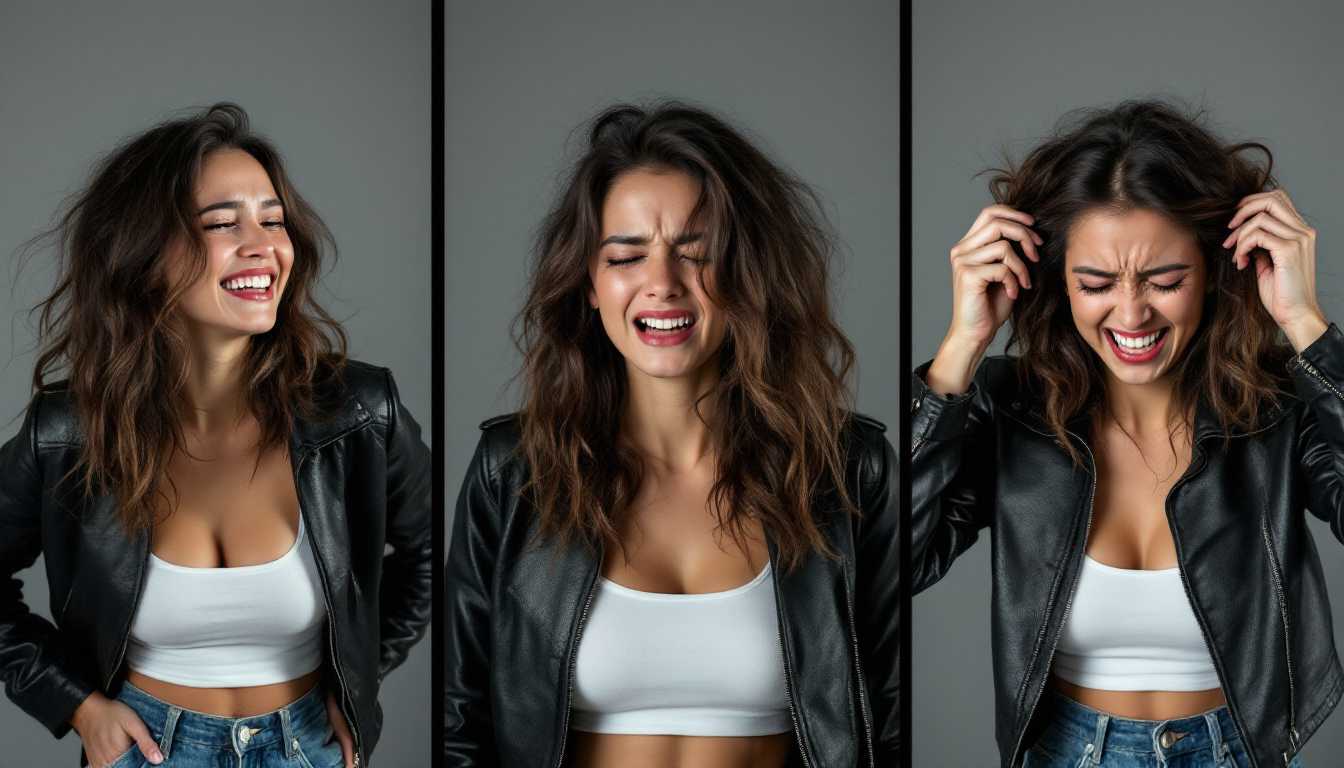 Split screen in three parts of the SAME female model with SAME clothes which is a short leather jacket, white belly free top, distracted Denim jeans and sneakers.
Left screen: model is happy and laughing.
Middle screen: model is very sad with tears in her eyes.
Right screen: model with very angry face expression tearing her hair out.
Studio ambience with clean background, professional lightning, professional photographs with Canon EOS 1D Mark III