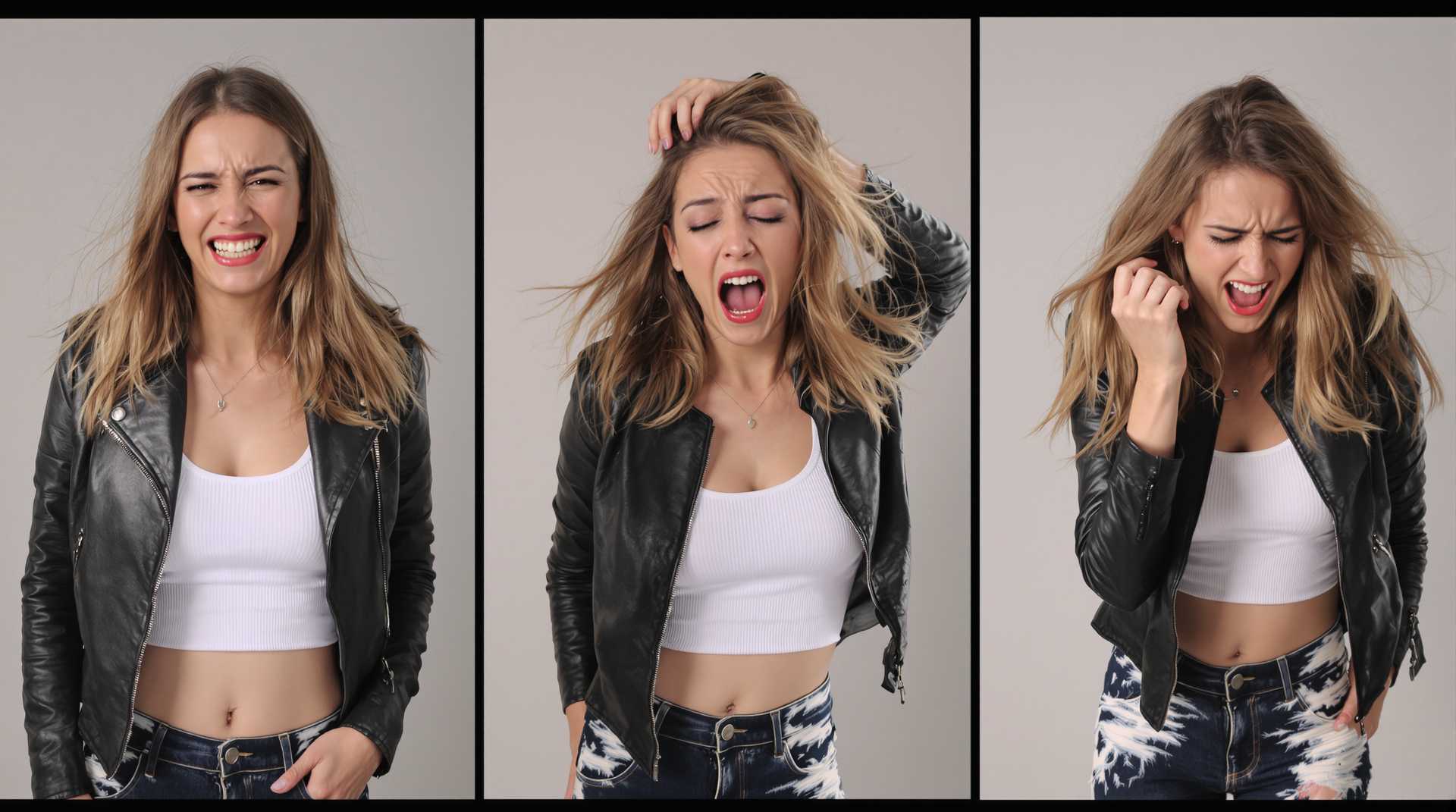 Split screen in three parts of the SAME female model with SAME clothes which is a short leather jacket, white belly free top, distracted Denim jeans and sneakers.
Left screen: model is happy and laughing.
Middle screen: model is very sad with tears in her eyes.
Right screen: model with very angry face expression tearing her hair out.
Studio ambience with clean background, professional lightning, professional photographs with Canon EOS 1D Mark III
