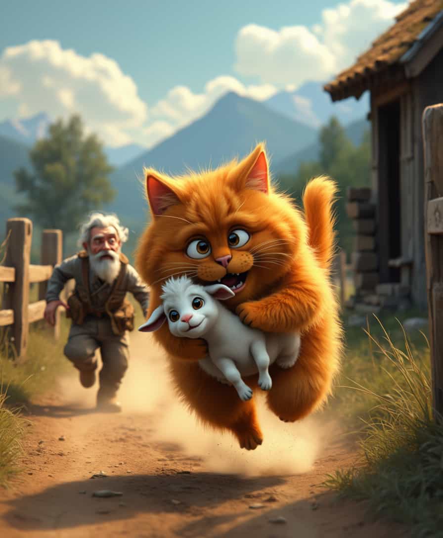 A large, fluffy orange cat (detailed fur:1.2), running energetically down a dirt path while clutching a small white goat (detailed goat features:1.1), face expressing surprise with wide eyes, (exaggerated facial features:1.3), body in a dynamic running pose. An elderly man (middle-aged, ethnic:1.1), wearing tattered grey clothing and a slightly weathered expression, is seen chasing the cat from behind, positioned off-center to the left. The scene is set in a rustic farm environment, with wooden fences and a simple barn structure in the background, mountains faintly visible in the distance, soft natural lighting illuminating the setting. The atmosphere is playful and whimsical, shot from a low angle to emphasize the action. Colors are warm and inviting, with earthy tones dominating the palette. (high detail digital art:1.2), (cartoonish whimsical style), capturing a humorous moment in a picturesque landscape.