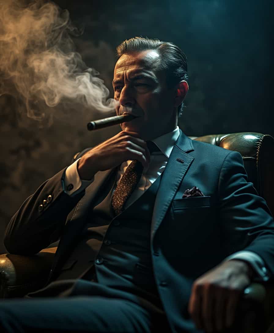 A man in his forties, with sharp features and a confident look, sits on a luxurious chair inside a very dimly lit room, which makes the shadows play a mysterious role in shaping his features. He wears an elegant dark suit, with a carefully ironed shirt and a matching tie, which gives him a sophisticated appearance but evokes a feeling of unease.

In his right hand, he holds a luxurious cigar, while thick clouds of smoke rise into the air, creating a foggy effect that increases the mystery and suspense. His eyes are almost hidden in the shadows, but he looks thoughtful or conspiratorial, as if he has secrets that he does not want anyone to know.

The background is dark black or heavily camouflaged, making the man the only focal point in the picture, while very dim lighting is focused on part of his face and hands, which enhances the sense of mystery and suspense. The general atmosphere reflects an incomplete story, as if this man is hiding a big secret or planning something important