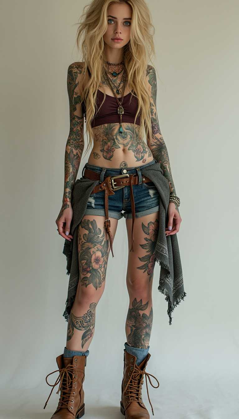 full-body woman with a rude appearance, long mesy blond hair, in bohemian style clothing, eyes blue, full body tattoos  