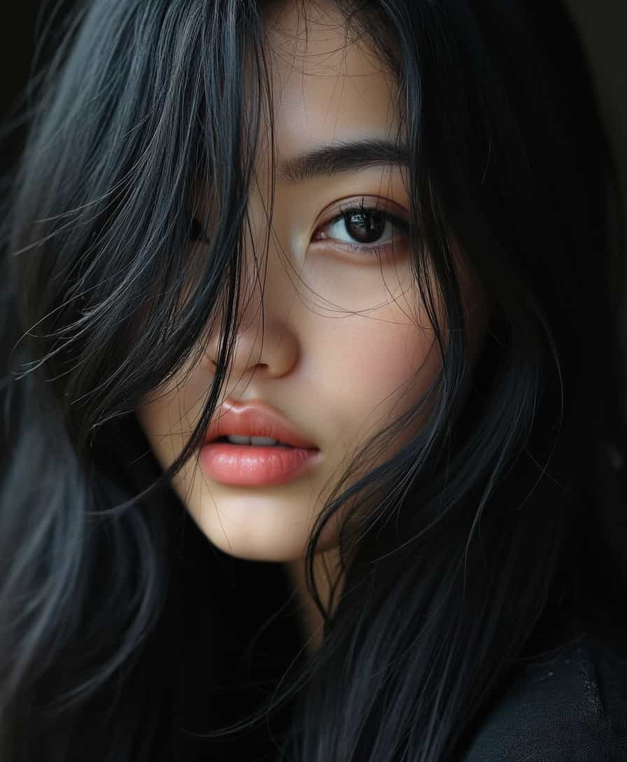 full body shot. a ultra real full body shot photo of 18 years old woman, black eyes. long black hair on covering her body At the background a ultra close up macro details, ultra contrast, of ultra dark decor. Intricate details of her beautiful eyes and perfect face. The most beautiful girl.