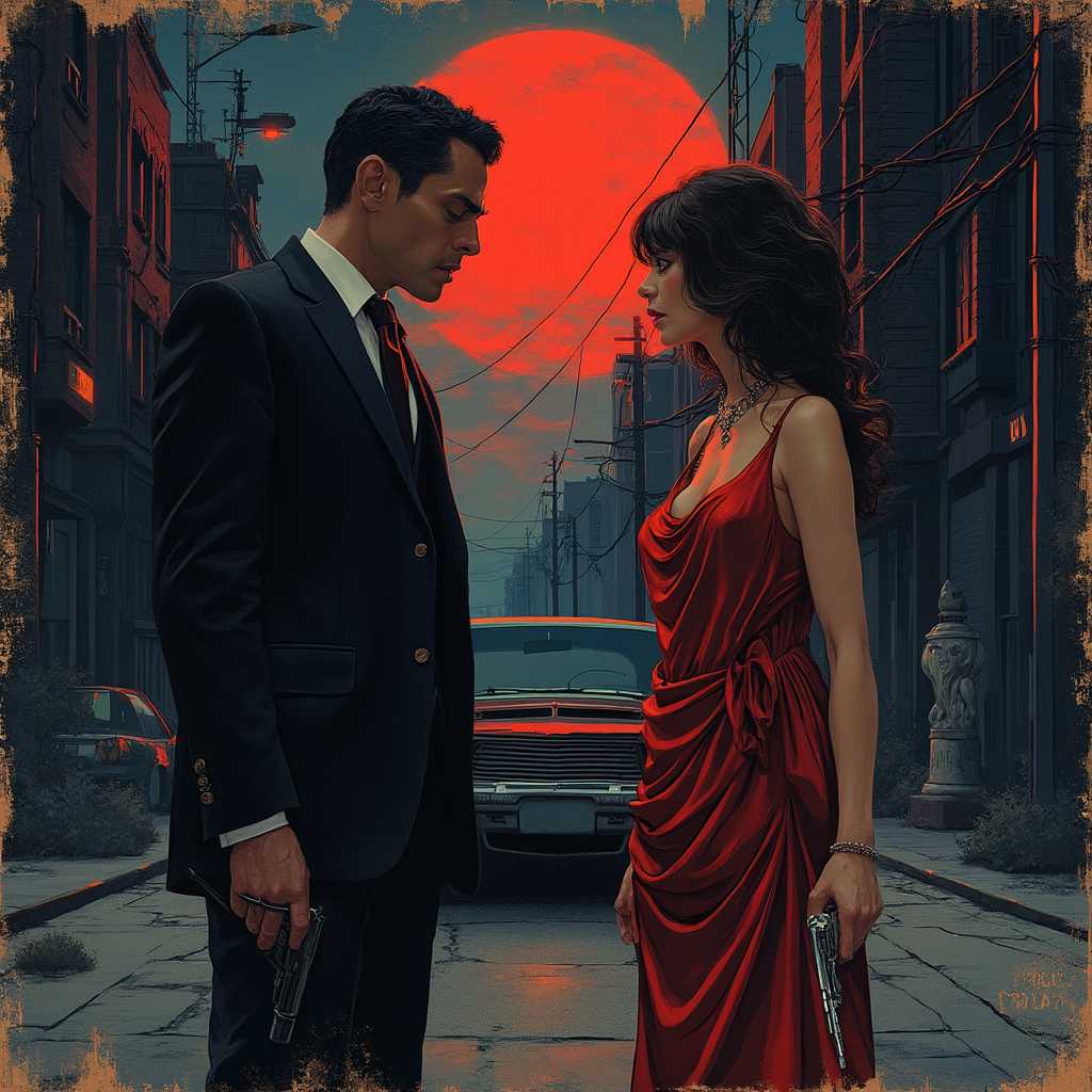Retro game style, two figures, a man in a suit, talking to a woman in an silk evening dress, holding a gun, upper body, true detective, detailed character, nigh sky, crimson moon silhouette, american muscle car parked on dark street in background, complex background in style of Bill Sienkiewicz and Dave McKean and Carne Griffiths, extremely detailed, mysterious, grim, provocative, thrilling, dynamic, action-packed, fallout style, vintage, game theme, masterpiece, high contrast, stark. vivid colors, 16-bit, pixelated, textured, distressed