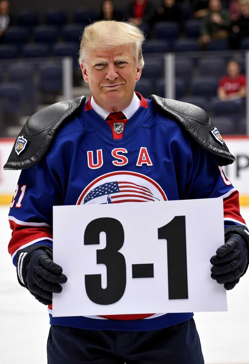 a photo of MAGA, create an image of a MAGA man wearing a Hockey uniform, with huge shoulder pads  with the "USA" logo blue hockey shirt, and holding a white sign that reads "3-1" in black letters 3d, background a hockey rink
