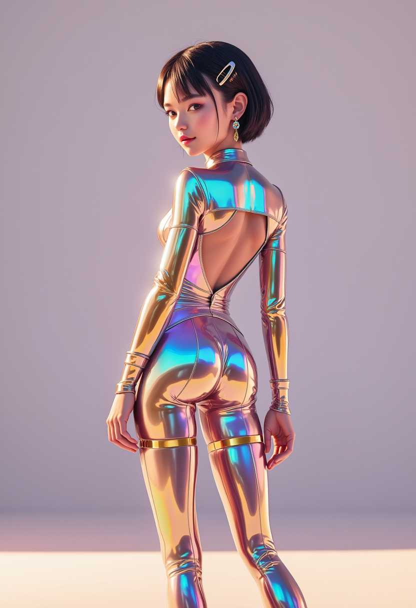 masterpiece, best quality, perfect anatomy, very aesthetic, ((outlined outlined vector graphics)),no norm,looking at viewer , cute face, (glow eyes:0.8), looking at viewer, glittering, glimmering, gold theme, back view , looking at viewer , looking at viewer , 1girl, 20yo, black hair, black eyes, short bob hair, hair pin,mdeium breast, slender,(white thigh strap:1.1), jewelry, earrings, parted lips, long sleeve , smile, wink, ,(clothed:1.4), body suit , metal liquid suit , standing