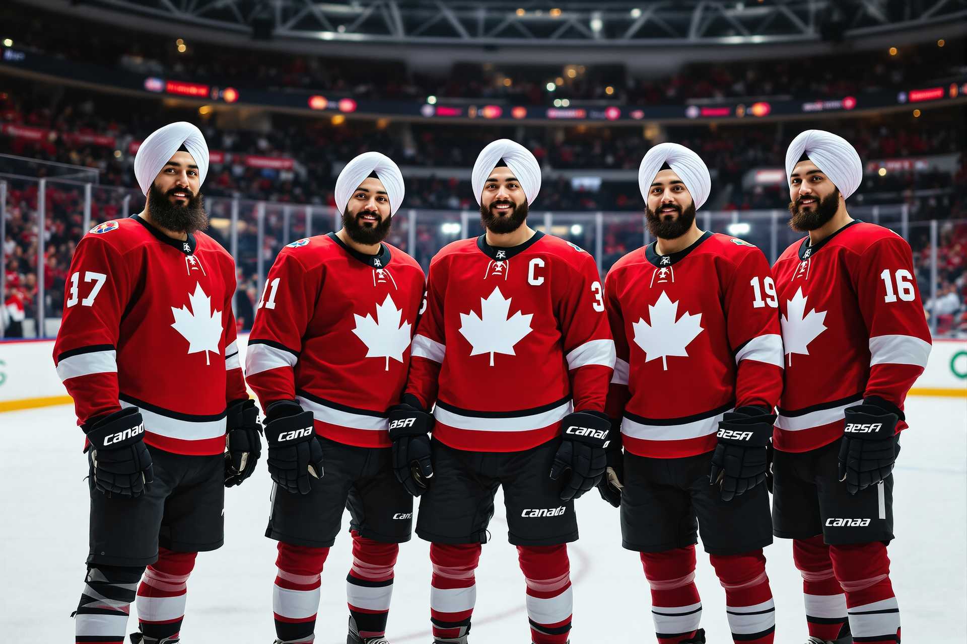This image captures a group of five different hockey players on the ice, each donning a red jersey with a prominent white maple leaf on the front. The jerseys are adorned with team logos on the right shoulder and the players numbers on the back. The players are wearing black pants and black hockey gloves with red trim, which match the red of their jerseys. Their attire is completed with black hockey socks that have white trim and red accents.The players are standing in a line, with their heads covered by white turbans, which are a symbol of their Sikh faith and a part of their personal religious practice. The turbans are neatly wrapped around their heads and secured with a black band at the back. Their beards are wellgroomed, and they are all smiling, exuding a sense of camaraderie and pride.The ice rink serves as the backdrop for this image. The ice is white and smooth, reflecting the bright lights above and the blurred figures of spectators in the stands. The rink boards are a bright white, and the glass separating the players from the audience is clear, allowing for a view of the crowd. The arena is filled with fans, and the atmosphere is electric with anticipation for the game.The lighting in the arena is bright and even, casting a glow on the players and the ice, highlighting the details of their uniforms and the shine of the ice. The colors in the image are primarily red, white, and black, with the red of the jerseys standing out against the white of the ice and the black of the players pants and gloves. The white turbans add a touch of contrast and a sense of cultural identity to the scene.The medium of the image is likely a photograph taken with a high-resolution camera, given the clarity and detail captured in the image. The art style is realistic, focusing on the details of the players uniforms and the atmosphere of the hockey game. The composition of the image, with the players standing in a line, creates a sense of unity and formality, while the blurred background emphasizes the subjects and the action taking place on the ice.