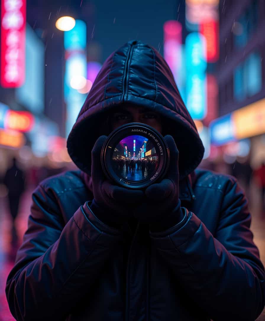 A mysterious hooded photographer stands in the heart of a neon-lit city at night, his face completely obscured by the large camera lens aimed directly at the viewer. The hood casts deep shadows over his face, making the glowing reflections in the lens the only visible âeyes.â The background is an explosion of vibrant bokeh lightsâsoft, blurred circles of electric blues, neon pinks, fiery oranges, and deep purples from the bustling urban streets. Raindrops glisten on his jacket, catching the city lights. His gloved hands grip the camera firmly, the lens reflecting distorted images of the chaotic metropolis behind him. The scene is cinematic, evoking mystery, intrigue, and the feeling of being watched yet unseen.