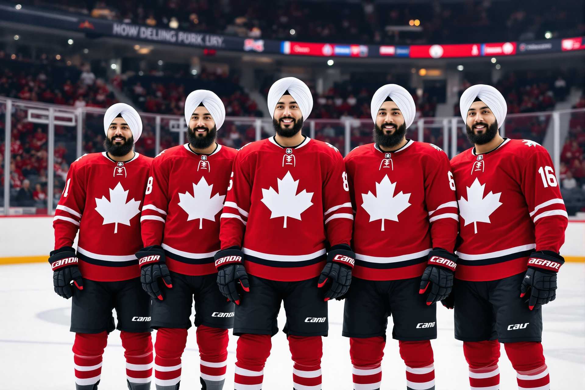 This image captures a group of five different hockey players on the ice, each donning a red jersey with a prominent white maple leaf on the front. The jerseys are adorned with team logos on the right shoulder and the players numbers on the back. The players are wearing black pants and black hockey gloves with red trim, which match the red of their jerseys. Their attire is completed with black hockey socks that have white trim and red accents.The players are standing in a line, with their heads covered by white turbans, which are a symbol of their Sikh faith and a part of their personal religious practice. The turbans are neatly wrapped around their heads and secured with a black band at the back. Their beards are wellgroomed, and they are all smiling, exuding a sense of camaraderie and pride.The ice rink serves as the backdrop for this image. The ice is white and smooth, reflecting the bright lights above and the blurred figures of spectators in the stands. The rink boards are a bright white, and the glass separating the players from the audience is clear, allowing for a view of the crowd. The arena is filled with fans, and the atmosphere is electric with anticipation for the game.The lighting in the arena is bright and even, casting a glow on the players and the ice, highlighting the details of their uniforms and the shine of the ice. The colors in the image are primarily red, white, and black, with the red of the jerseys standing out against the white of the ice and the black of the players pants and gloves. The white turbans add a touch of contrast and a sense of cultural identity to the scene.The medium of the image is likely a photograph taken with a high-resolution camera, given the clarity and detail captured in the image. The art style is realistic, focusing on the details of the players uniforms and the atmosphere of the hockey game. The composition of the image, with the players standing in a line, creates a sense of unity and formality, while the blurred background emphasizes the subjects and the action taking place on the ice.