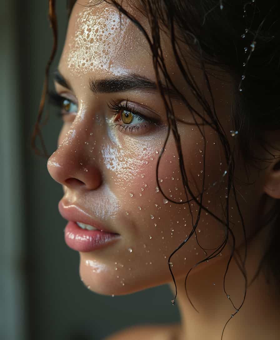 ultra realistic, high detailed, woman close up, wet skin, water drops, skin goose, 