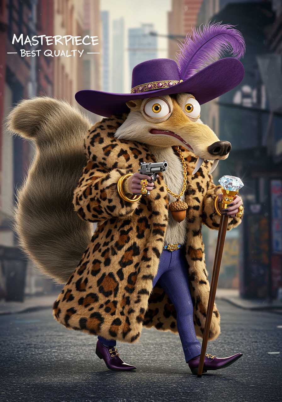 Masterpiece, best quality, high detail, realistic, Scrat from Ice Age, long snout, bushy tail, bulging eyes, striped tail, gold necklace, acorn necklace, purple hat, wide-brim hat, feather in hat, Fur coat, leopard print fur coat, golden rings, pimp, holding cane, golden cane with diamond, pointing gun at viewer, urban background, graffiti, ghetto, walking with cane, striding, pimpin ain't easy
