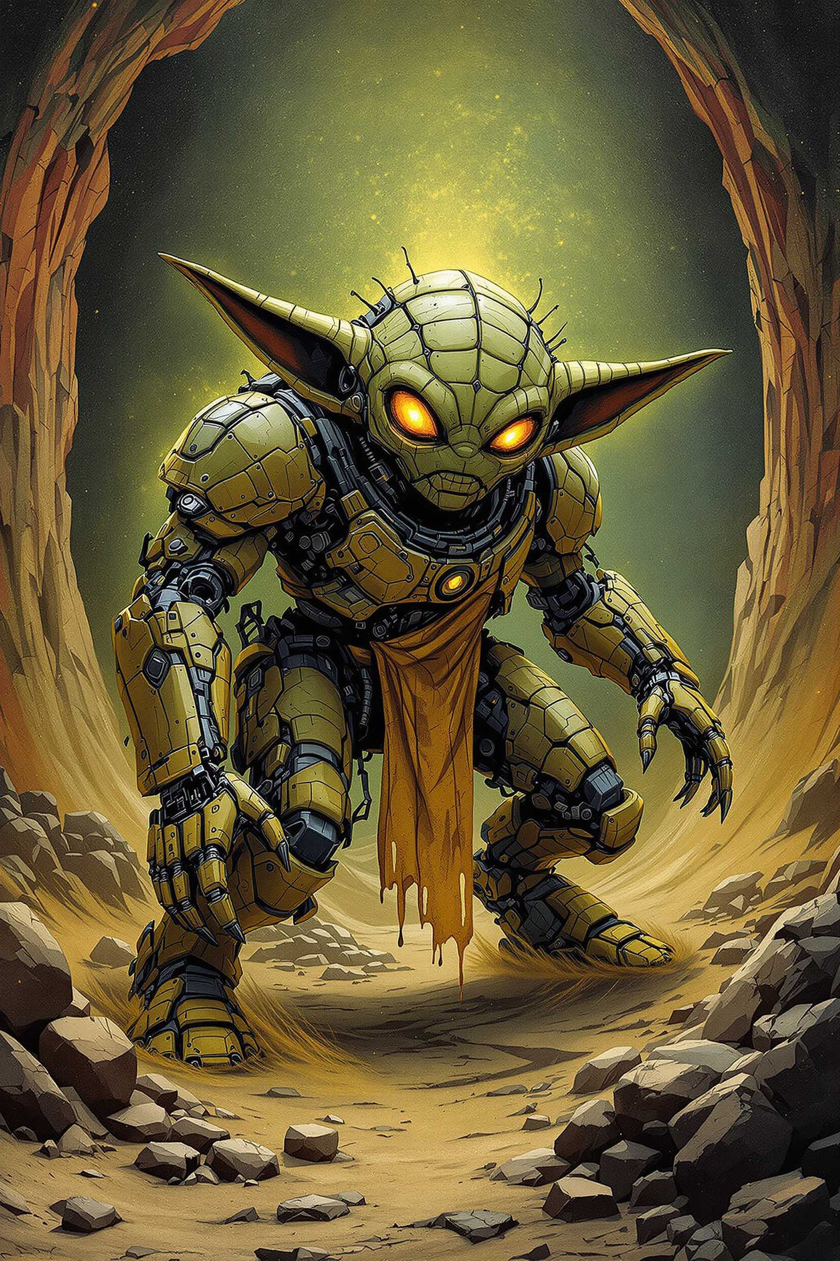 Mecha Baby-yoda fused with Hastur in Jabbas Palace in the comic style of Paul Youll. painted in Ascii Art style of eBoy, Thick, expressive brushstrokes capture the intricate details, creating depth and texture. The rich impasto technique enhances the luminosity of the scene