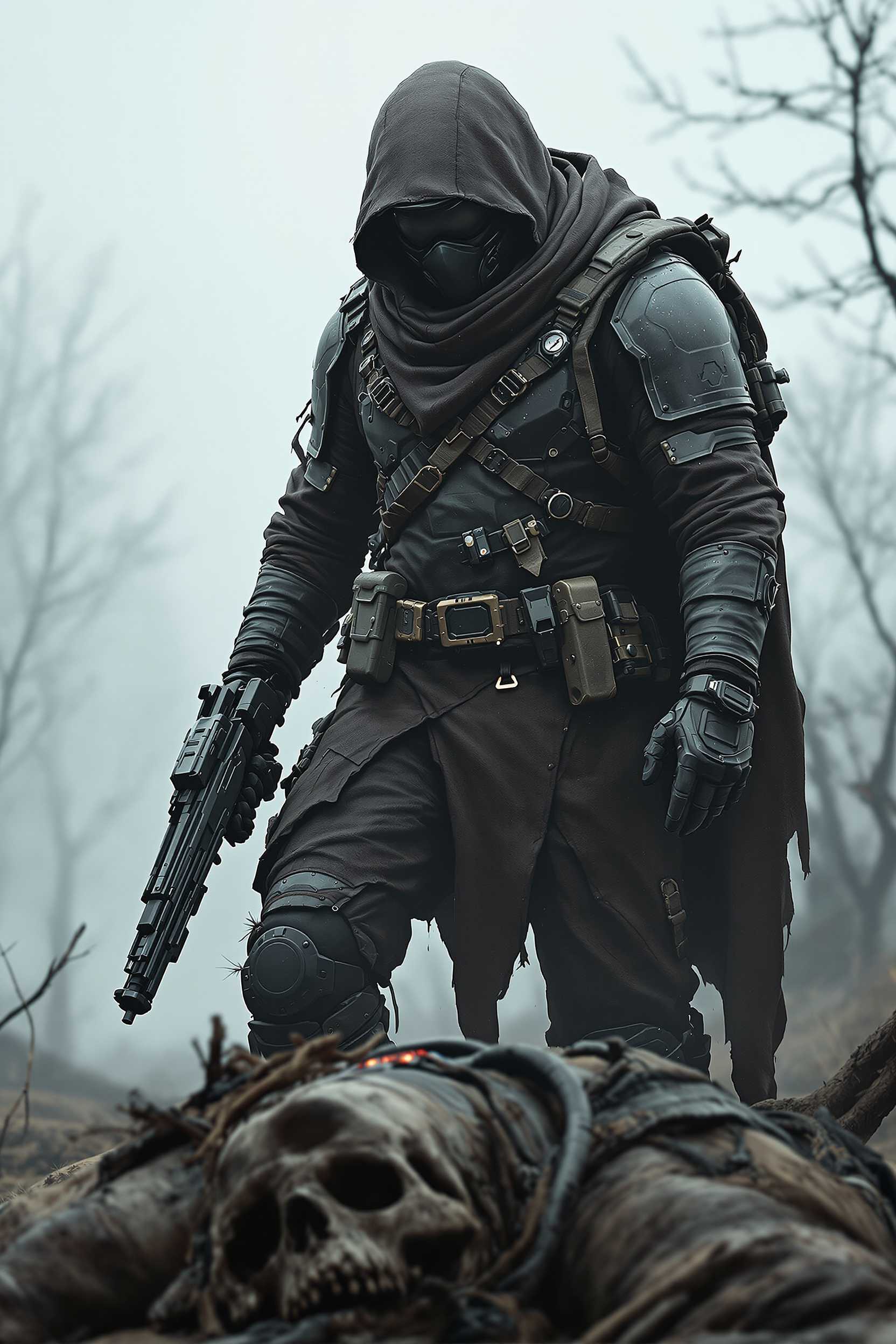 A detailed, realistic post-apocalyptic ranger in a mask and leather armor, with a sci-fi helmet and tactical outfit. He stands over his nemesis, holding a heavy rifle. The foggy, desolate landscape with barren trees enhances the gritty, survivalist mood. Dark, worn attire with advanced tech elements, in cinematic, textured photography.