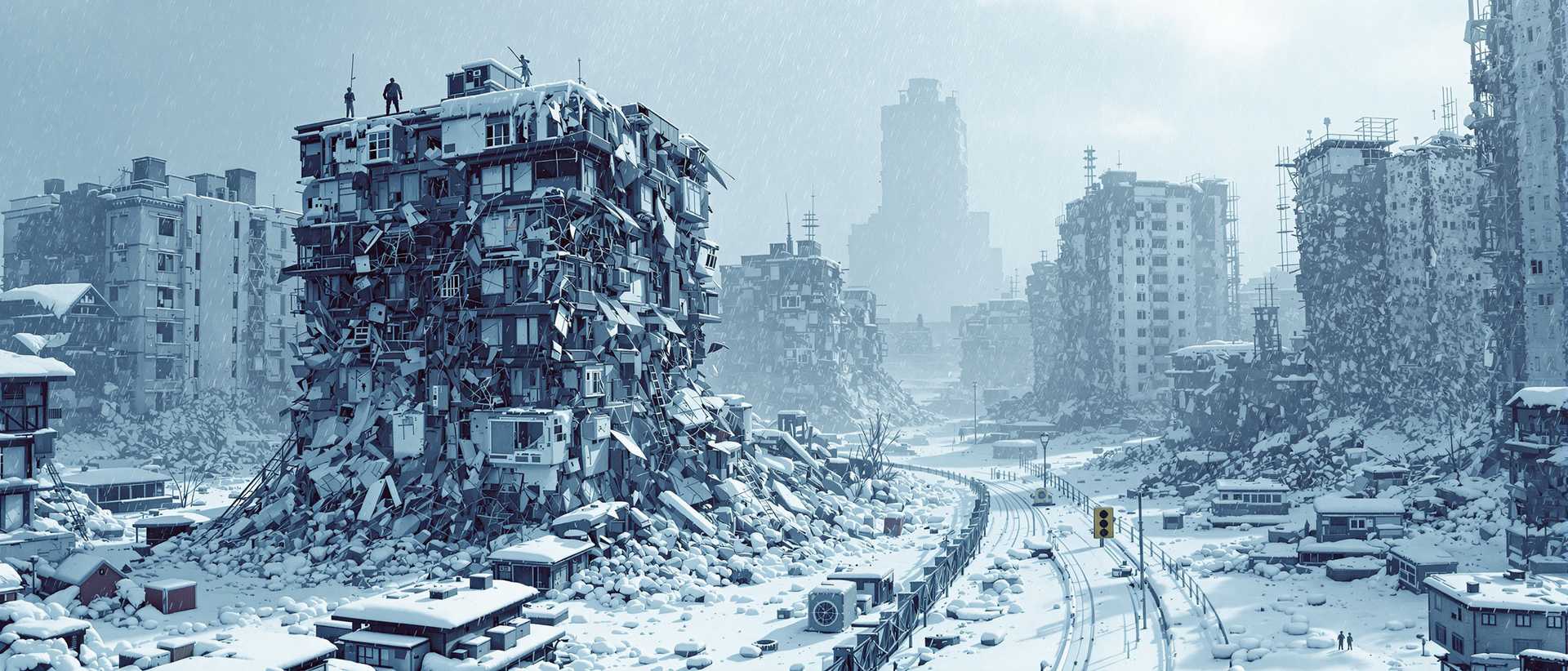 create an image of close up [paty of city] falling down under an ice age, buildings falling down, windows broken, dirty, a dystopian frozen landscape. Background a flozen wind motion. 8k hd