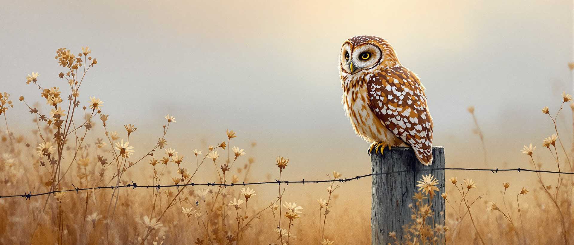 Golden Hour Perch: The Owl in the Wildflowers