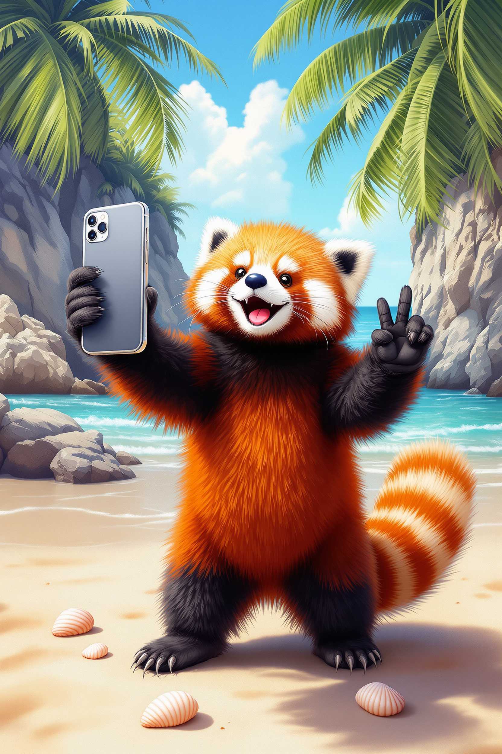 hyperrealism airbrushed acrylic oil illustration. a cute red panda, taking a selfie with a big smartphone, smiling at the smartphone and giving the peace sign, standing on the sand, a few seashells. sunny beach, rocky cliffs, palm trees bg.