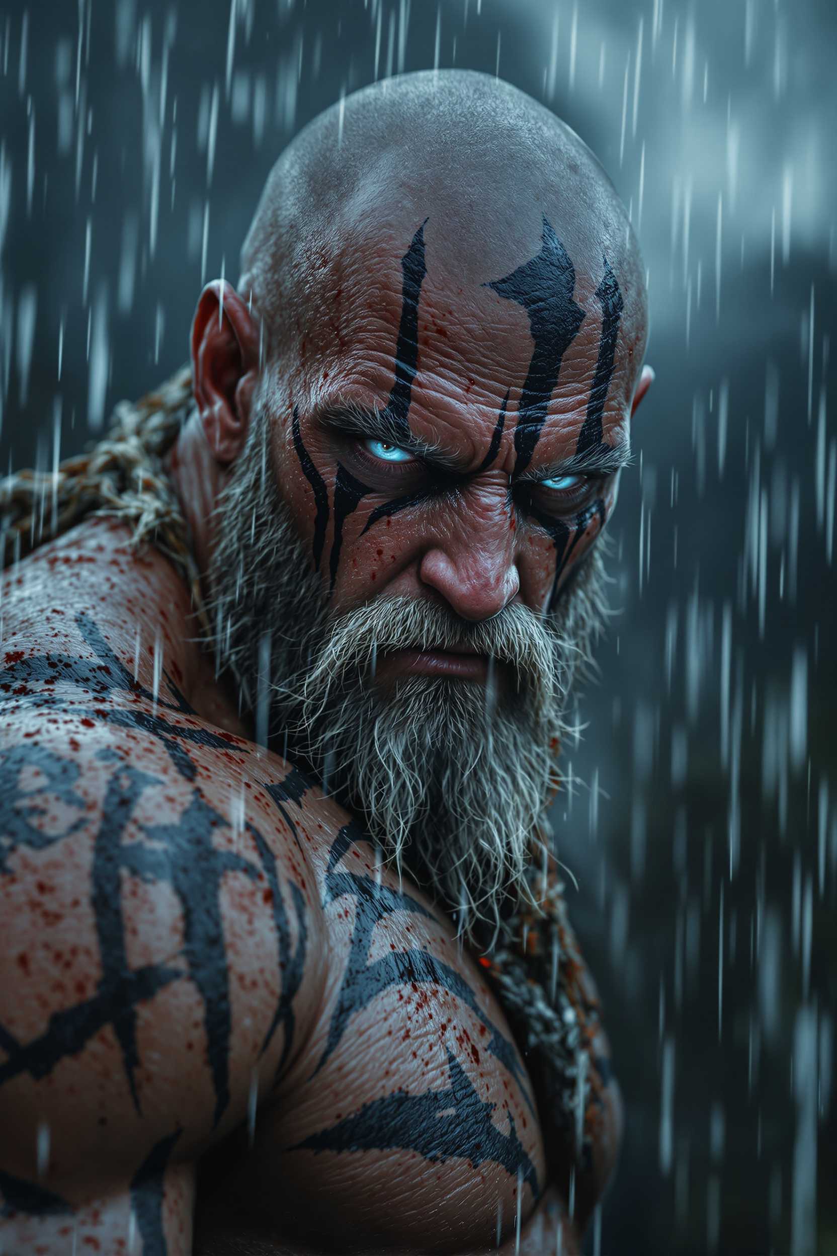 scene - pouring rain - celtic warrior, whose tense muscles and battle scars create a raw, epic silhouette. the figure is bald with a gray beard tied in two braids. the skin is ultra-detailed - you can see every wrinkle and bloody cracks. the face, covered with black battle paintings, expresses anger and determination. light blue eyes burn in the twilight, reflecting the light of the stormy sky. ultra-detailed 8k hd ultra-detailed image