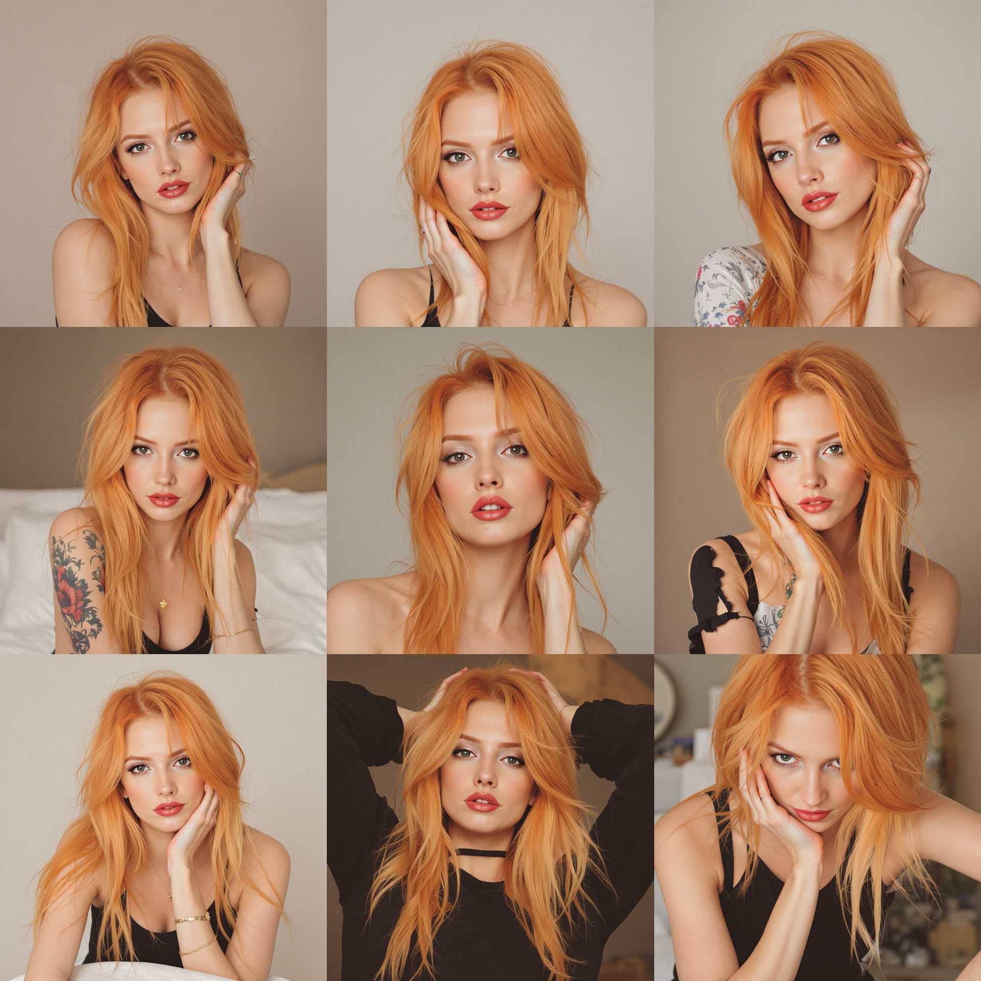 a 3 by 3 grid image portrait photo of a beautiful woman with orange hair in multiple poses