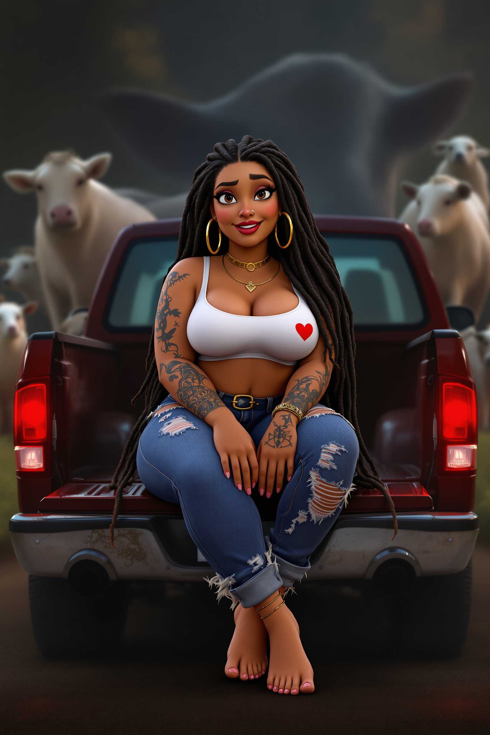 3D-HD animation a curvy female sitting on the back of a pickup truck with her legs crossed and no shoes. she has a sheepish smile. she has very long dreadlocks, a nose ring, wears large gold hoop earrings, wears a white sports bra with red hearts on it and blue jeans with holes at the knees; she has neck, arm, and foot tattoos. shadowy background with huge farm and farm animals.