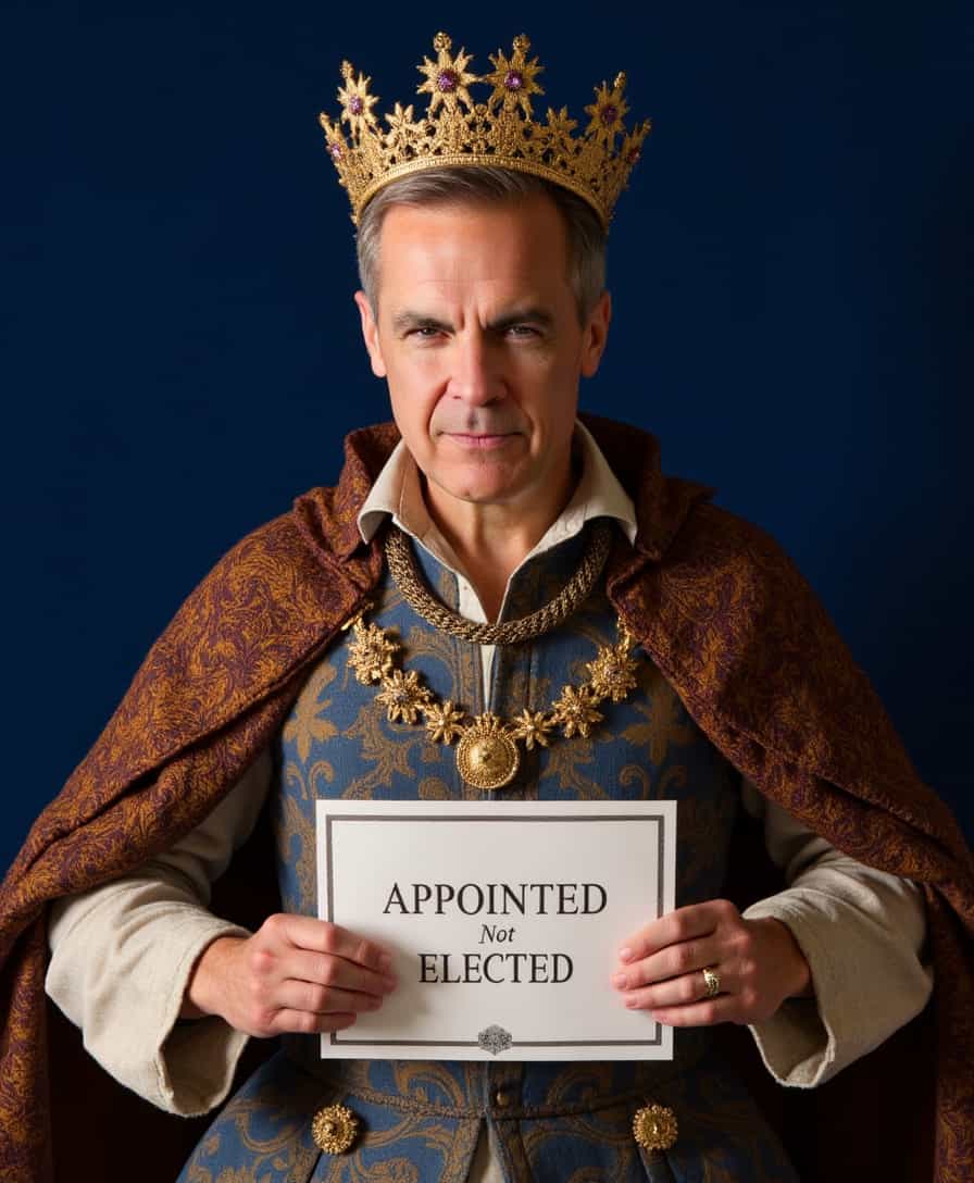 a photo of CARNEY, a Renaissance portrait of CARNEY looking at viewer, facing camera, a regal figure resembling a king wearing a crown. The character should have a strong, imposing facial structure, adorned with a luxurious crown with jewels. They wear an intricately embroidered robe featuring elaborate patterns and jewelry, including necklaces with ornate pendants. The background should be a deep, royal blue to emphasize the subject's majesty..   in the style of Hans Holbein the Younger.

He is holding a sign that reads "APPOINTED not ELECTED"