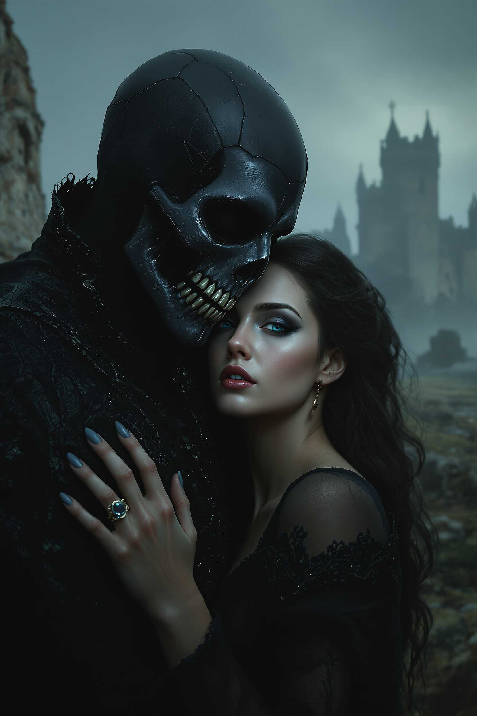 Ultra-photorealistic, ultra-detailed gothic scene in 8K HD, depicting a dark ghoul embracing a woman. The ghoul has a skull-like face covered in a black, leather texture, hollow eyes and shadowy, slender hands. The woman's face is hyper-realistic, with detailed skin texture and blue eyes - she looks like she's in love. The background is a misty, medieval landscape with a ruined castle, painted subtly in an oil style. ultra-detail ultraphotographic ultra-real hd 8k.