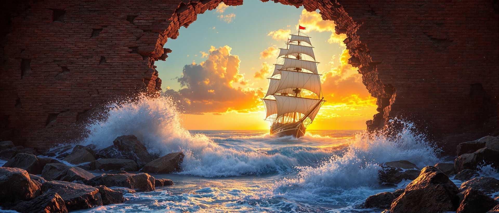 Imagine a breathtaking scene where a majestic sailing ship emerges from a crumbling wall, set against a vibrant sunset. Waves crash dramatically, splashing through the opening, blending the ocean's power with the remnants of the wall. Capture the contrast between the rough brick texture and the smooth, flowing water, as the golden sky casts a warm glow over this surreal maritime moment.