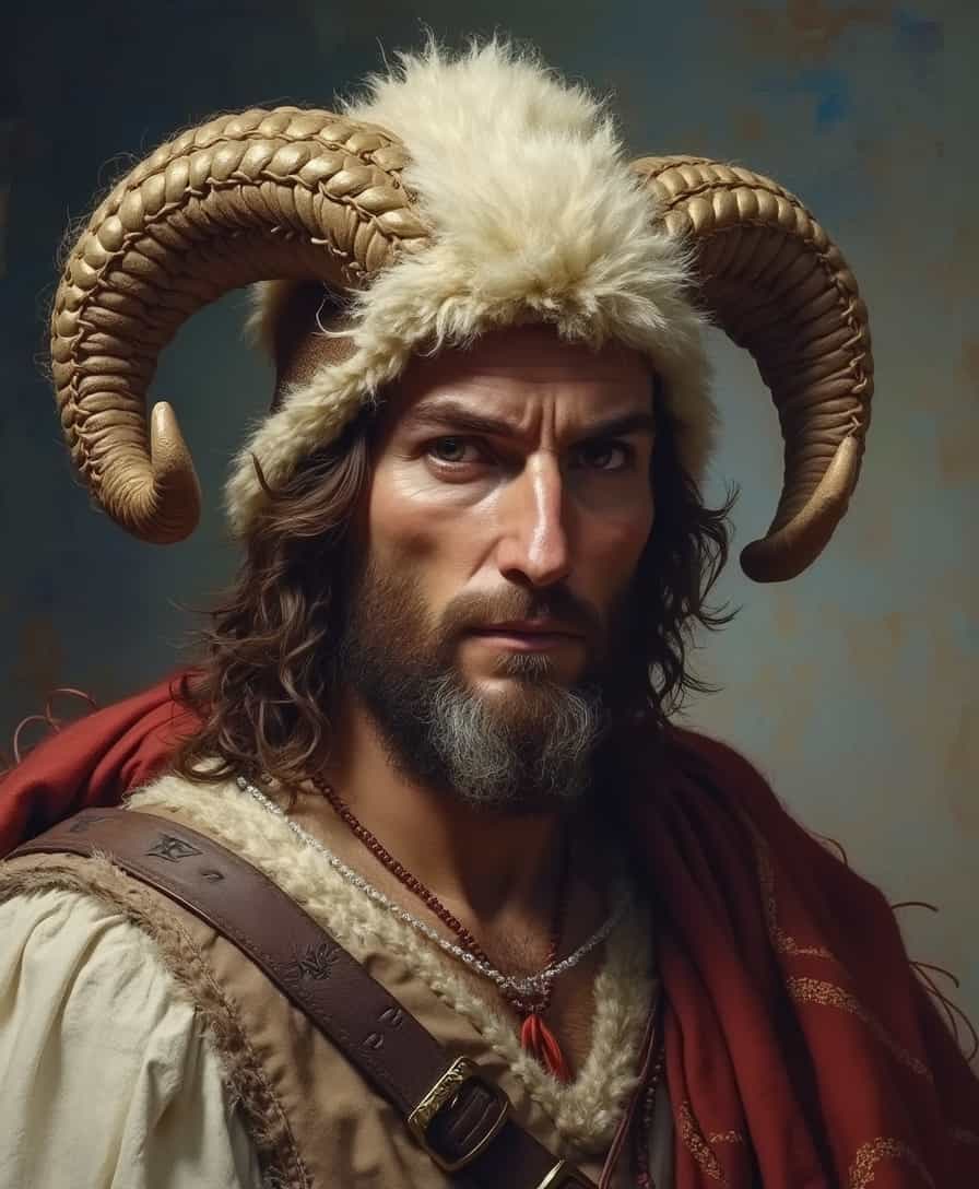Create the portrait of BUREBISTA the ruler of the Getae and Dacian tribes from 82/61 BC to 45/44 BC. He was the first king who successfully unified the tribes of the Dacian kingdom, which comprised the area located between the Danube, Tisza, and Dniester rivers, and modern day Romania and Moldova.He wears a sheepskin hat typical of Transylvanian shepherds and is dressed in traditional Transylvanian woolen clothes. His face is marked by the harshness of a warrior's life.