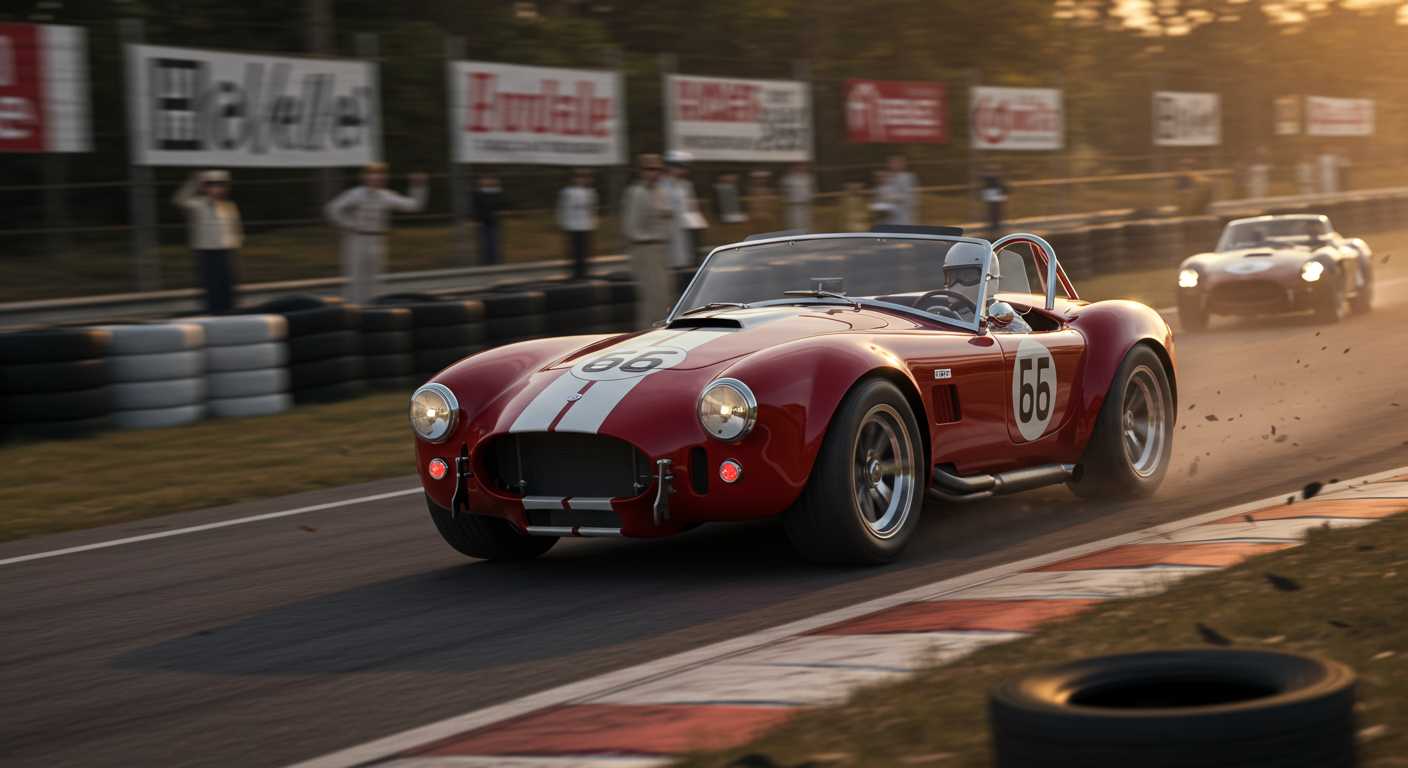 Create an ultra-realistic, action-packed rendering of a race car driver of that era driving a 1966 Shelby 428 Cobra in vibrant red with bold white racing stripes taking an extreme curve on a 1966-era road raceway, mid-pack among other pre-1966 classic race cars. The Cobra's tires grip the track fiercely, sending up small amount of gravel and rubber debris as it leans into the curve, capturing the raw power and precision of the race. The background showcases vintage race banners, trackside spectators in 1960s attire, and blurred motion effects emphasizing high-speed intensity. The atmosphere is charged with heat shimmer from the asphalt, exhaust fumes, and dramatic golden-hour lighting, enhancing the nostalgic yet thrilling realism of the scene..