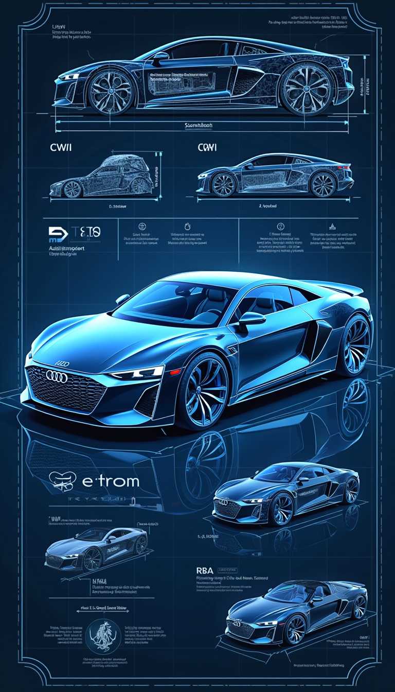Create a highly detailed, futuristic blueprint-style illustration of an Audi R8 EV concept. The design should showcase a sleek, aerodynamic body with smooth, sculpted lines, an aggressive low-profile stance, and a reimagined closed front grille for improved aerodynamics. Highlight signature Audi design elements such as sharp LED light signatures, digital matrix headlights, and futuristic side blades integrated seamlessly into the bodywork. The blueprint should include precise technical measurements, cross-sectional views, and exploded diagrams, detailing key EV components such as a high-performance battery pack, dual-motor AWD system, regenerative braking, and active aerodynamics. Use a cutting-edge monochromatic color scheme with neon blue and white tones, resembling an advanced digital blueprint. Integrate futuristic HUD-style annotations, CAD-inspired grid lines, and technical labels that emphasize the car's next-gen electric engineering. The background should maintain a clean, high-tech aesthetic with minimal distractions, enhancing the concept’s innovative and forward-thinking design "AUDI R8 e tron"
