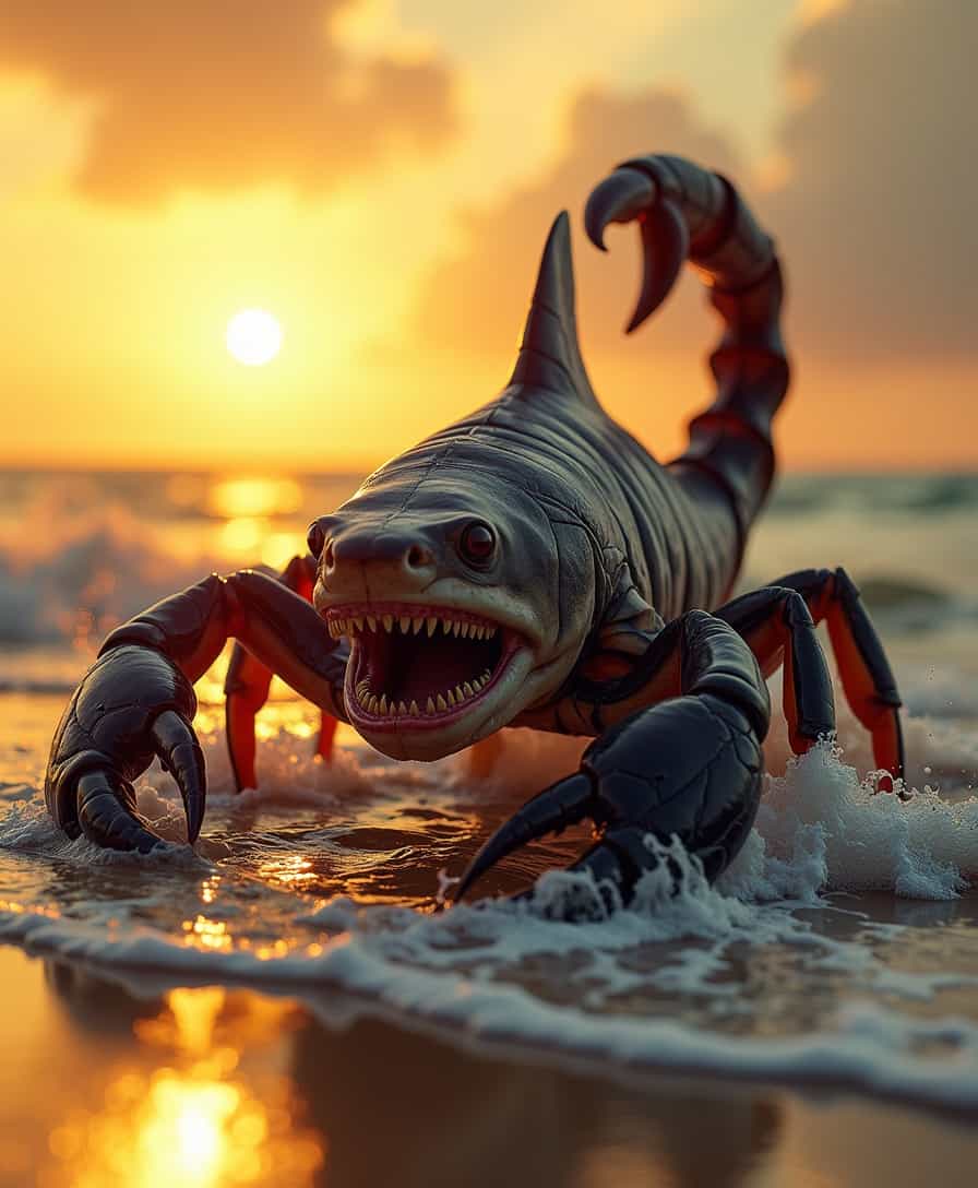 Under the golden light of sunset on the beach, a terrifying creature emerges from the shallow waters: it has the body and powerful jaw of a shark, but its backside transforms into the venomous tail of a scorpion, curved and ready to attack. . Its eyes glow with a predatory gaze, and the scaly, hardened skin reflects a gloomy tone, blending with the segmented texture of the scorpion's exoskeleton. With every movement, its tail shakes vigorously, and its sharp jaw opens in a deadly flash. The creature advances through both the water and the sand, and its imposing presence, under the warm afternoon light, turns the beach into a scene of tension and imminent danger, with a terror that contrasts deeply with the peaceful landscape.