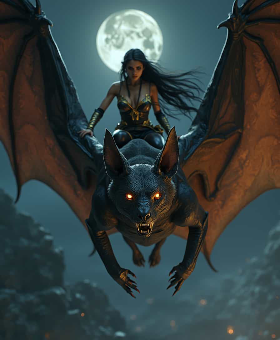 A hyper-realistic, high-definition 8K image of a massive, menacing giant bat soaring through the night sky. The bat’s enormous leathery wings are fully extended, showcasing its intricate veins and texture as it glides effortlessly above a dark, moonlit landscape. Its fur is dark and dense, with sharp, pointed ears and glowing eyes that pierce through the shadows. The bat exudes a sense of power and eerie majesty as it flies, its claws poised and ready, adding to its intimidating presence.Seated on the bat’s back is a striking warrior woman, her outfit a dazzling combination of gold and black that gleams brilliantly in the moonlight. Her clothing is both sleek and protective, hugging her form while allowing freedom of movement in battle. The golden and black colors shimmer against the dark backdrop, making her appear both regal and fierce. Her long, jet-black hair flows behind her in the night wind, blending into the shadows while her attire shines with radiant intensity. Her sharp, focused eyes reflect both power and confidence as she rides the giant creature with ease.The giant bat moves freely, without any reins or saddle, and the warrior woman rides bareback, her body balanced perfectly with the bat’s movements. The night sky surrounds them as the bat’s wings flap silently, and the entire scene conveys a sense of stealth, power, and the unbreakable bond between the warrior and her giant bat. Together, they radiate a combination of dark beauty, brilliance, and untamed power, soaring through the night with an air of mystery and strength."This prompt highlights the giant bat with a fierce warrior dressed in gleaming gold and black, with her long, jet-black hair contrasting against the night sky