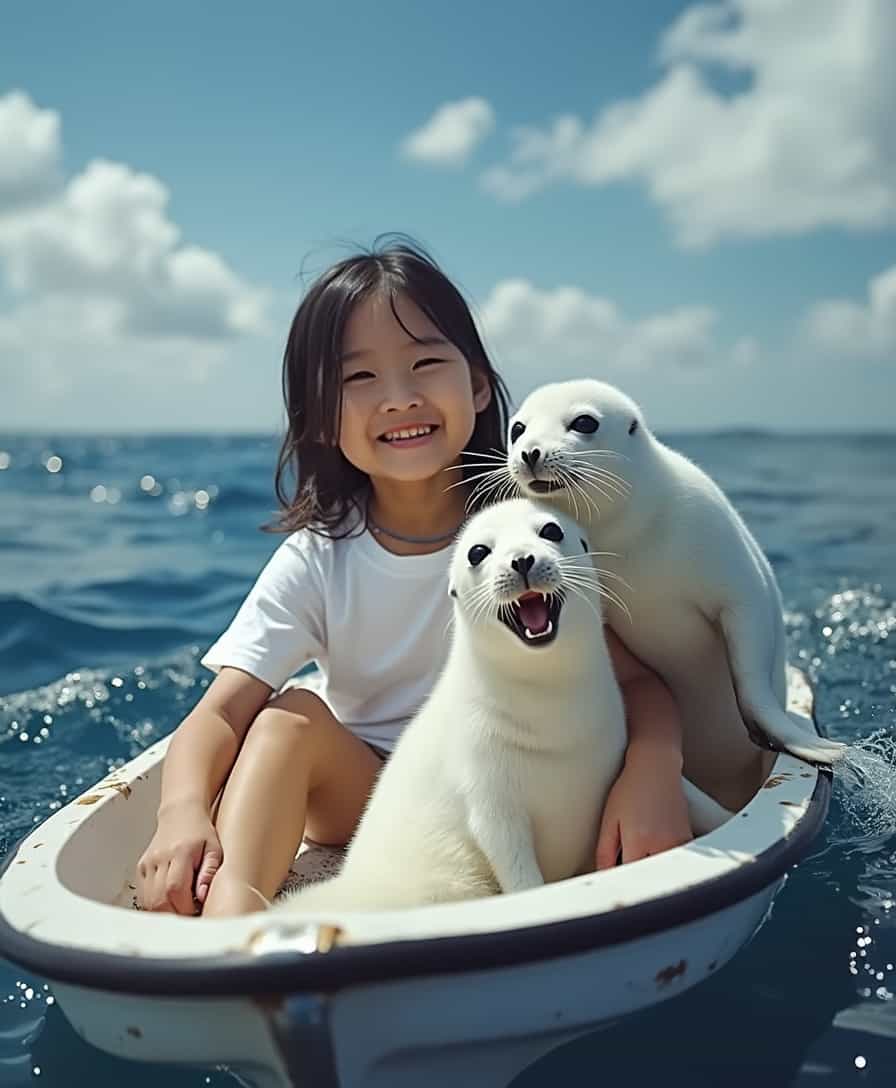 realistic photo. Two world's tiniest pure - white seal pups is in a speedboat on the sea with a cute beautiful 6 year old asian girl a white T-shirt. The little girl is holding the seals, beaming with joy, and the seals has its mouth wide open, smiling happily too. The sea water is deep blue, with a few calm waves rippling. Against the backdrop of a blue sky and white clouds, the scene is incredibly lifelike. The photograph was taken with a Hasselblad X2D, resulting in a cinematic, hyperrealistic style. 