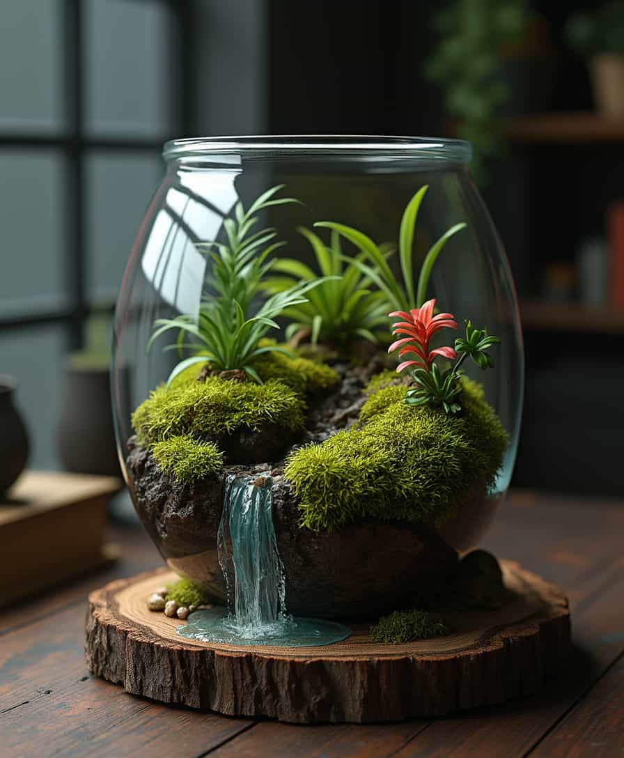A small terrarium with moss and miniature plants inside, a tiny waterfall on the side of the glass jar, a wooden log base, a dark background, and a dimly lit room, all rendered in a hyper-realistic style.