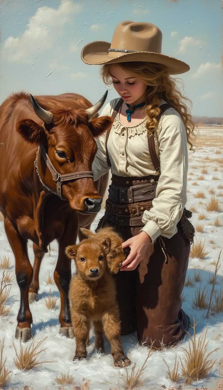 Oil painting on canvas with rough brush strokes and textures, 1883 a gorgeous girl in a cowboy hat and chaps helps a newborn cow, desolate snowy Kansas plains background 
