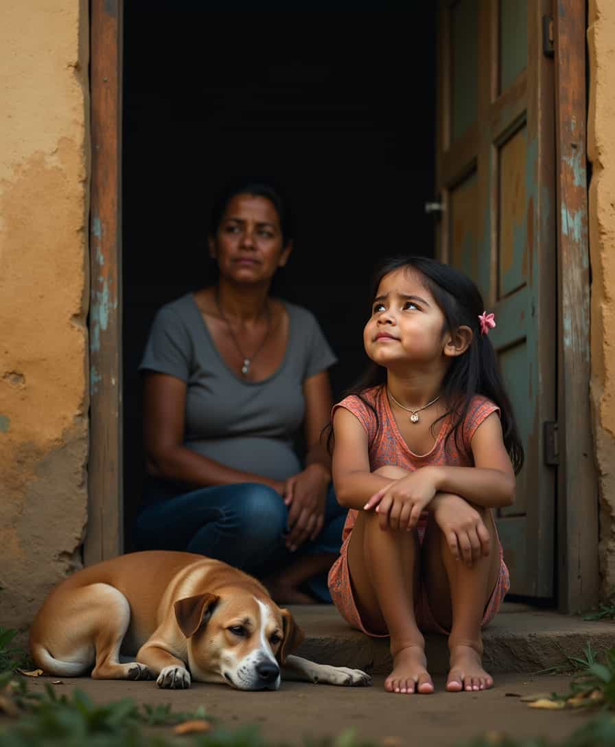 A deeply emotional, ultra-realistic 4K studio photograph of a young Latin American girl sitting on the steps of a small rural home, looking up with tired yet hopeful eyes. Her frail hands rest on her lap, and there are visible signs of Chagas disease complications, such as swelling in her face and fatigue in her expression. A stray dog sleeps beside her, and in the background, her worried mother watches from the doorway of their humble home. Cinematic lighting bathes the scene in golden-hour warmth, emphasizing her vulnerability and resilience. Hyper-detailed, storytelling composition, concept art, 85mm portrait lens, ultra-HD, deep focus, HDR, dramatic lighting 