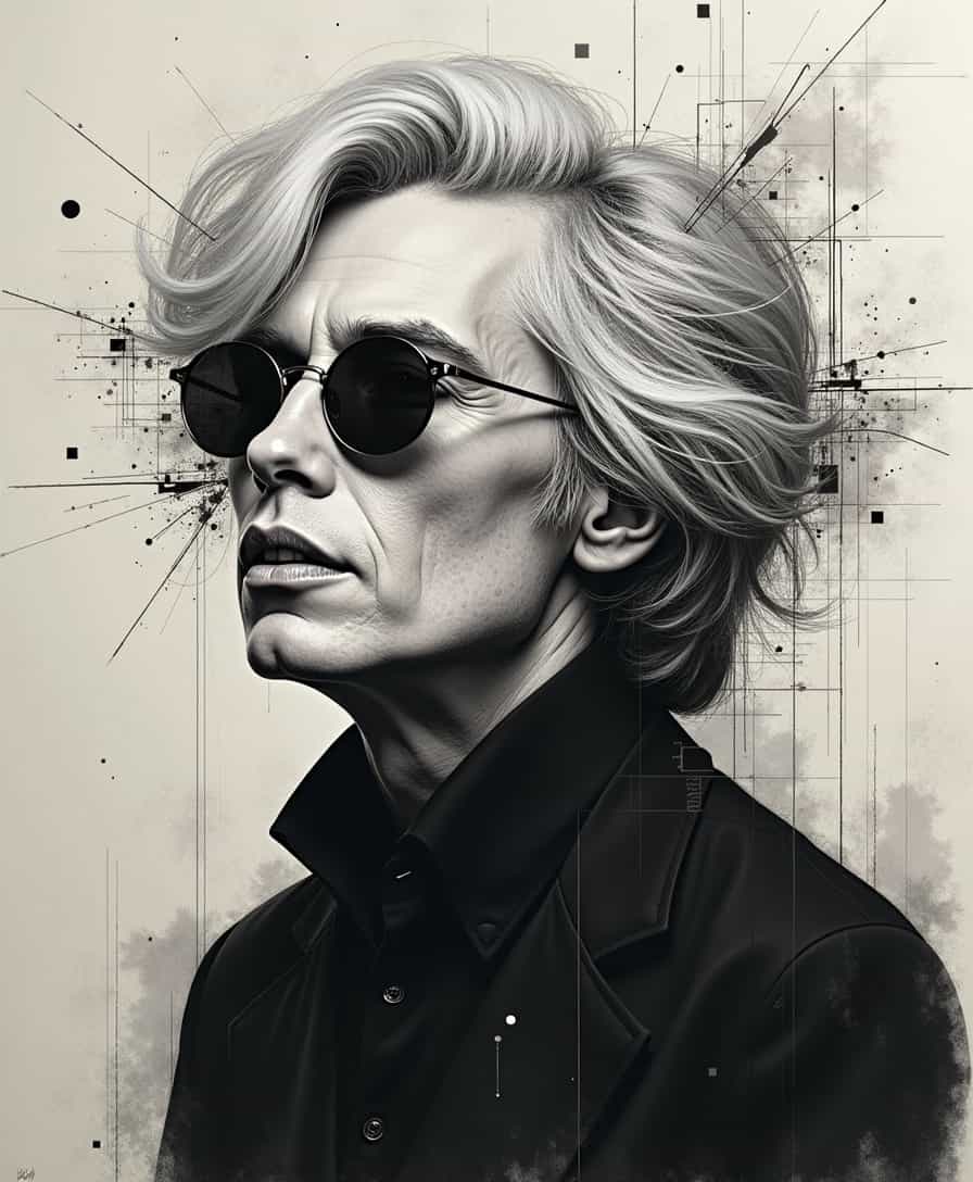 Expressive charcoal portrait of Andy Warhol, depicted as a half-human, half-glitch cyber ethereal spirit, with his image diffusing in and out of reality. The portrait merges organic human features with digital distortions, glitch effects, and pixelated fragmentation to create a surreal fusion of art and machine. Bold, dynamic charcoal strokes blend with futuristic, abstract overlays, evoking the enigmatic spirit of Warhol's legacy against a moody, otherworldly backdrop.