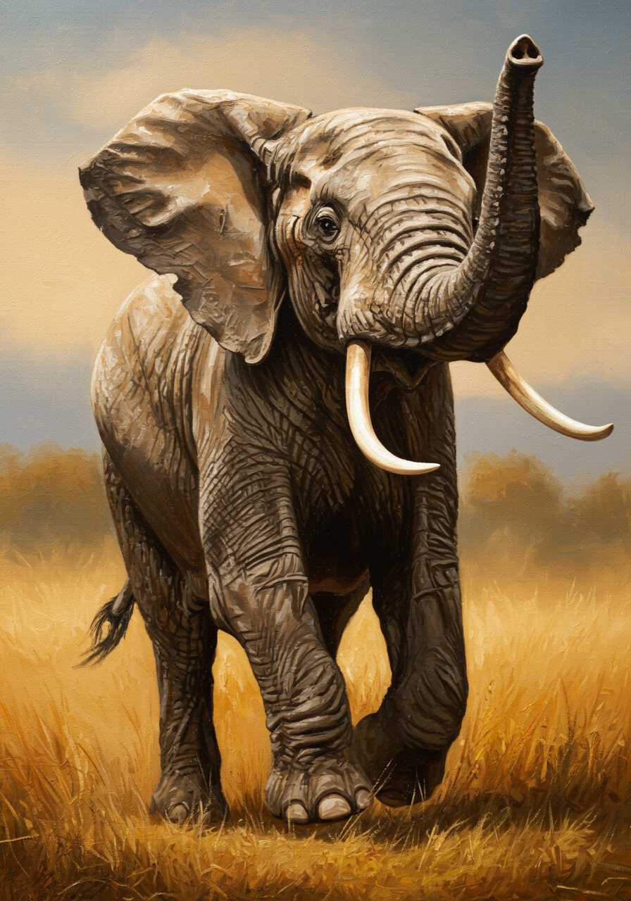 An elephant, with its trunk raised high and powerful legs running at full speed through the savannah, in the style of an oil painting. The painting features an autumn color palette, dramatic lighting, detailed brushstrokes, and a close-up shot, with the background blurred to emphasize the majestic figure of the elephant. The artwork has a strong sense of depth, with rich textures on the elephant's skin, big ears, and long tusks.