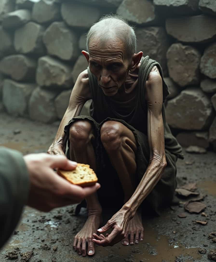 POV of someone extending a rough, calloused hand holding a small piece of stale bread toward a frail woman seated on the muddy ground. Her sunken face is pale, with dark sores visible on her neck and arms, her trembling hands reaching out to accept the bread. The tattered rags she wears cling to her thin frame, and the faint smell of decay lingers in the air. Behind her, a crumbling stone wall casts a long shadow in the dim, overcast light.